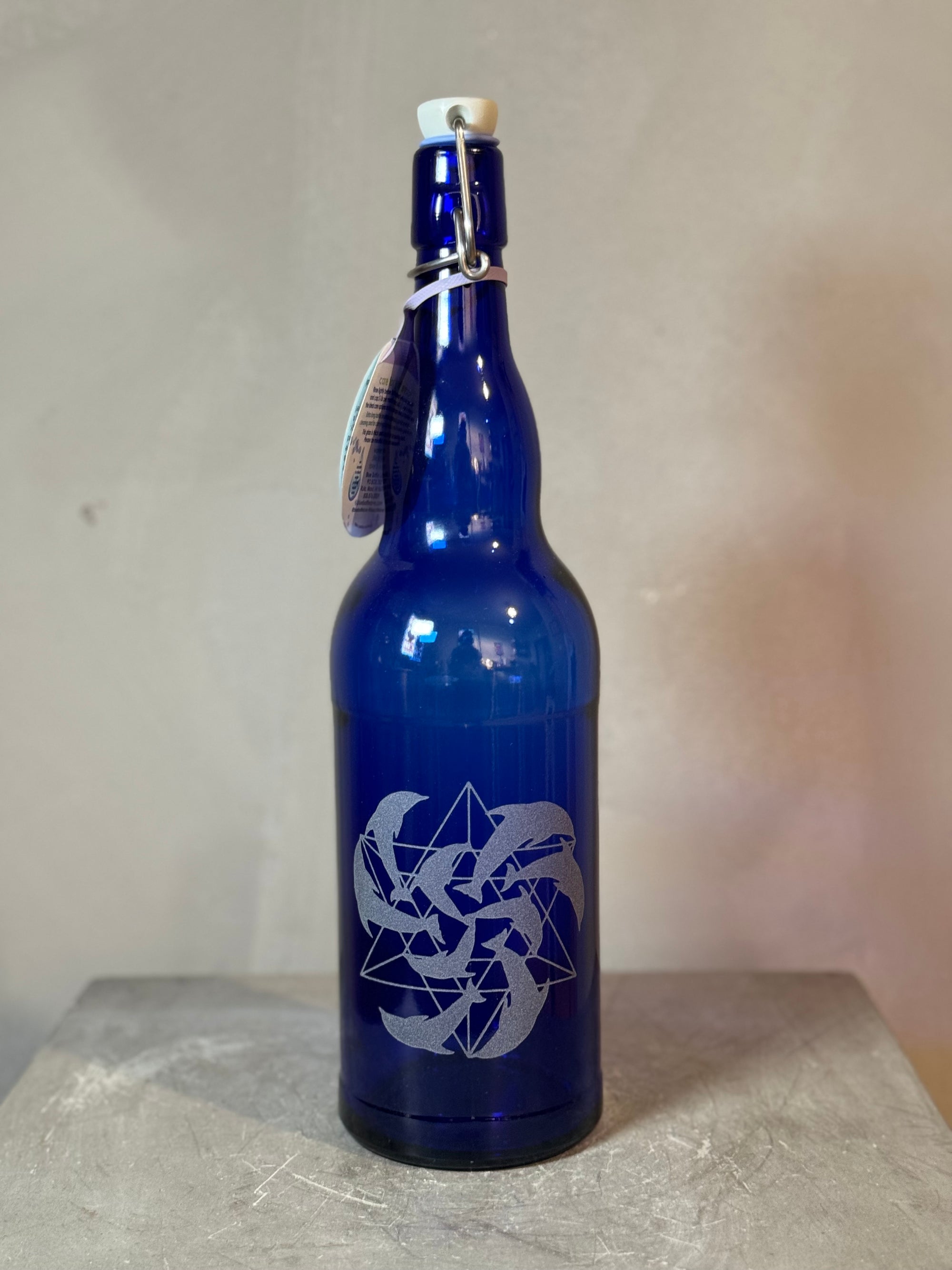 Blue glass bottles with sacred geometry - multiple designs - 2 sizes