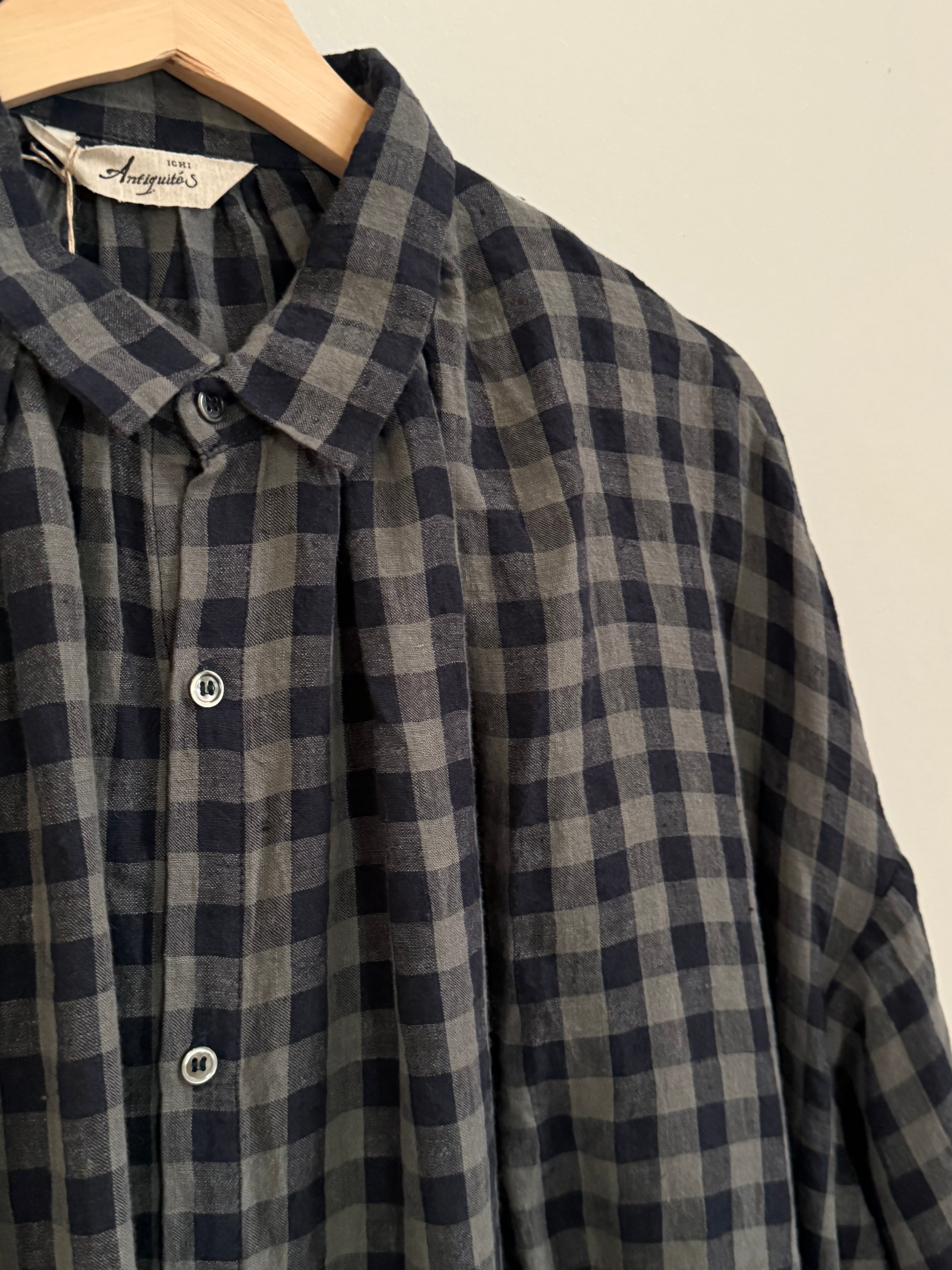 Ichi antiquites Gingham blue and grey linen dress