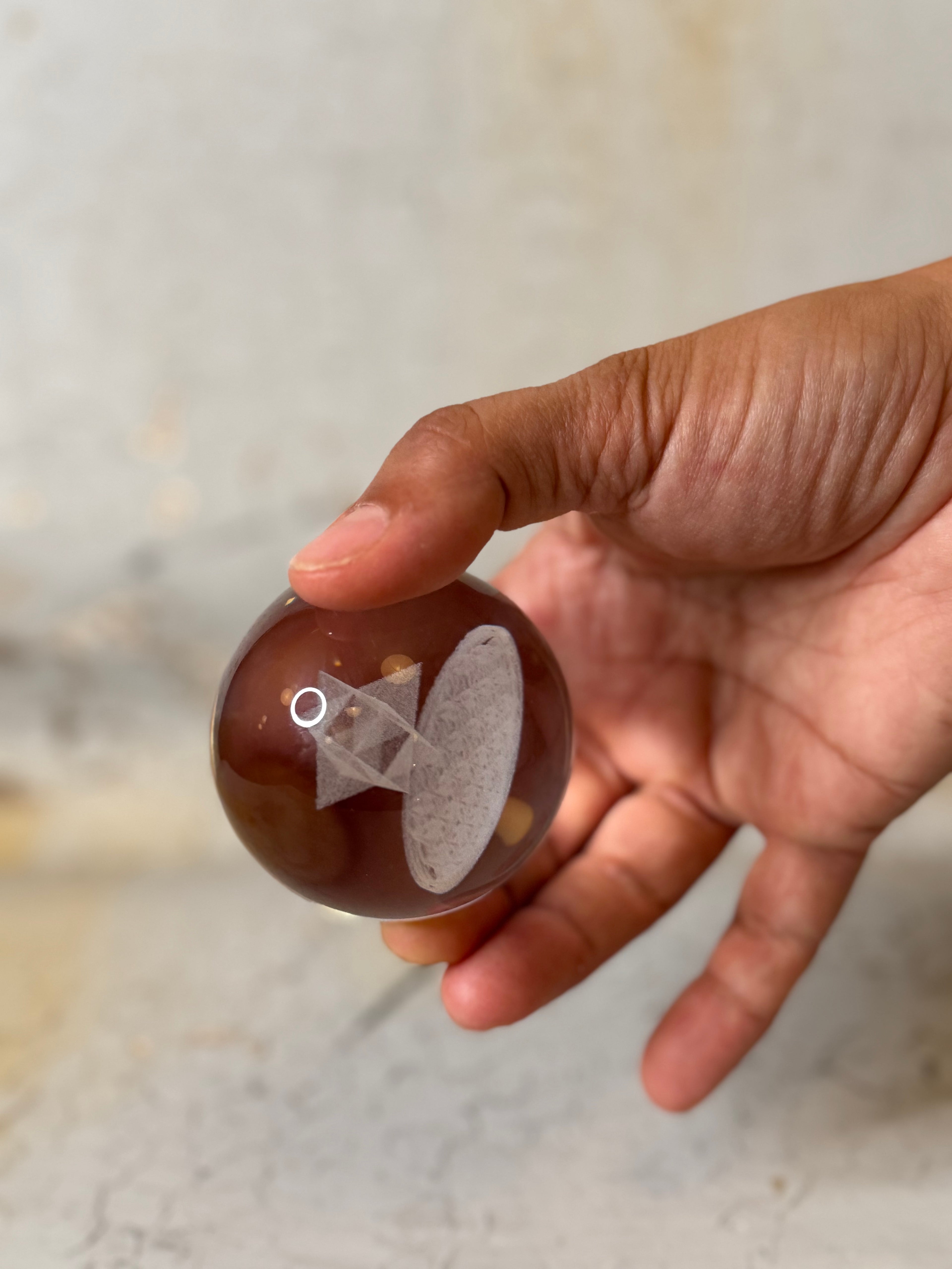 holographic glass sphere with merkaba and flower of life