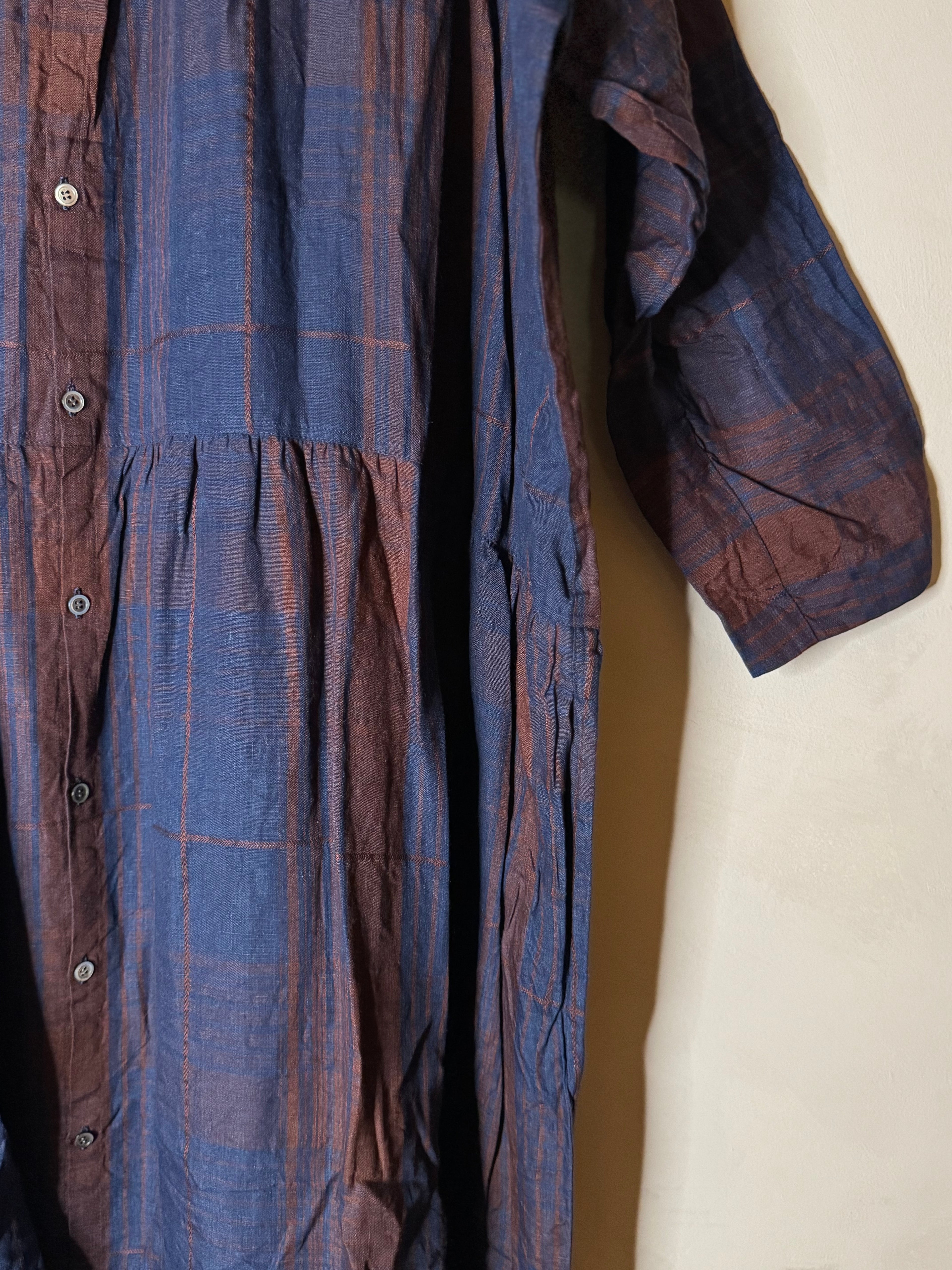 Ichi antiquites indigo and burnt umber plaid dress