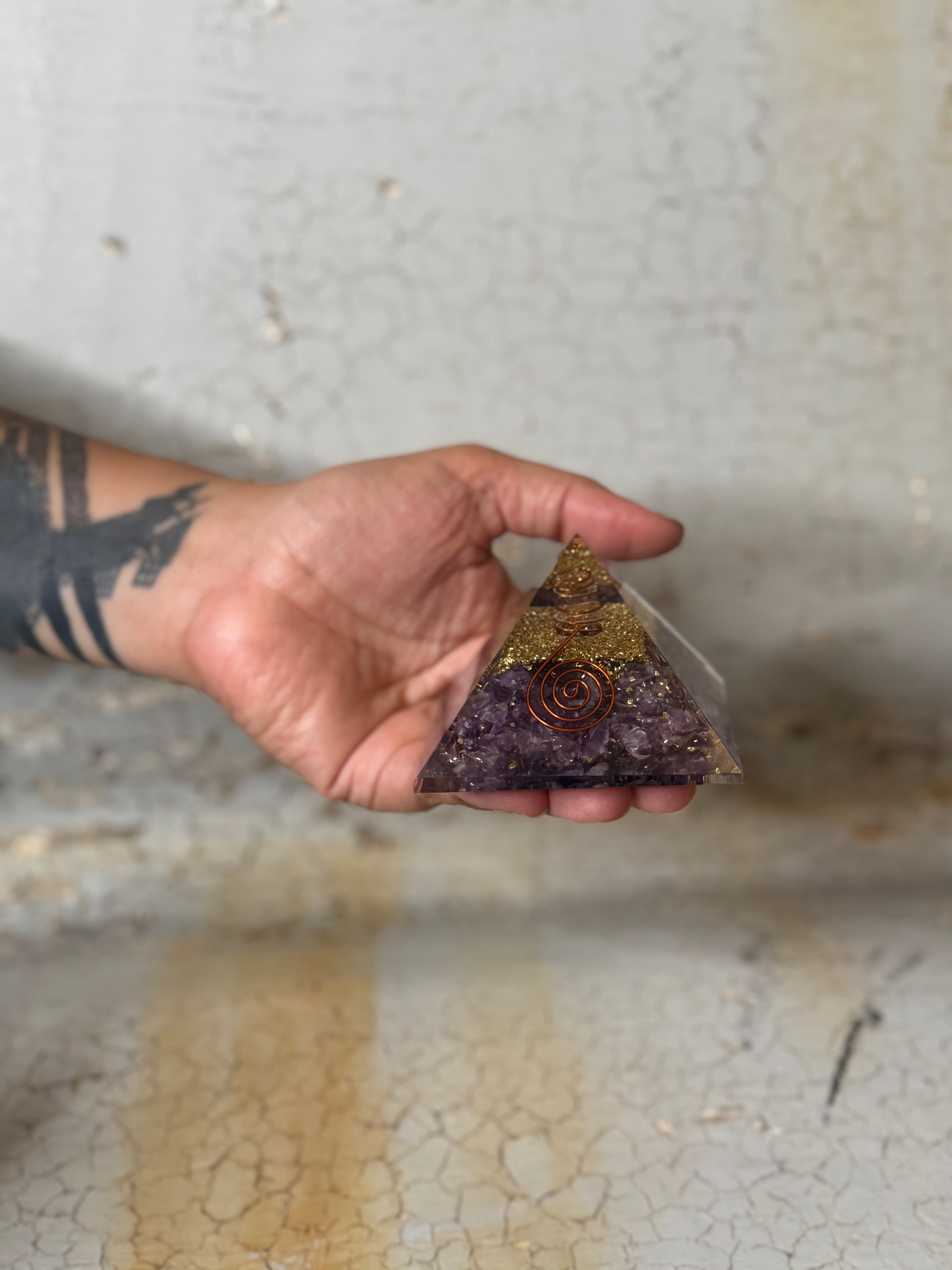Orgone  Pyramid - amethyst with copper spiral