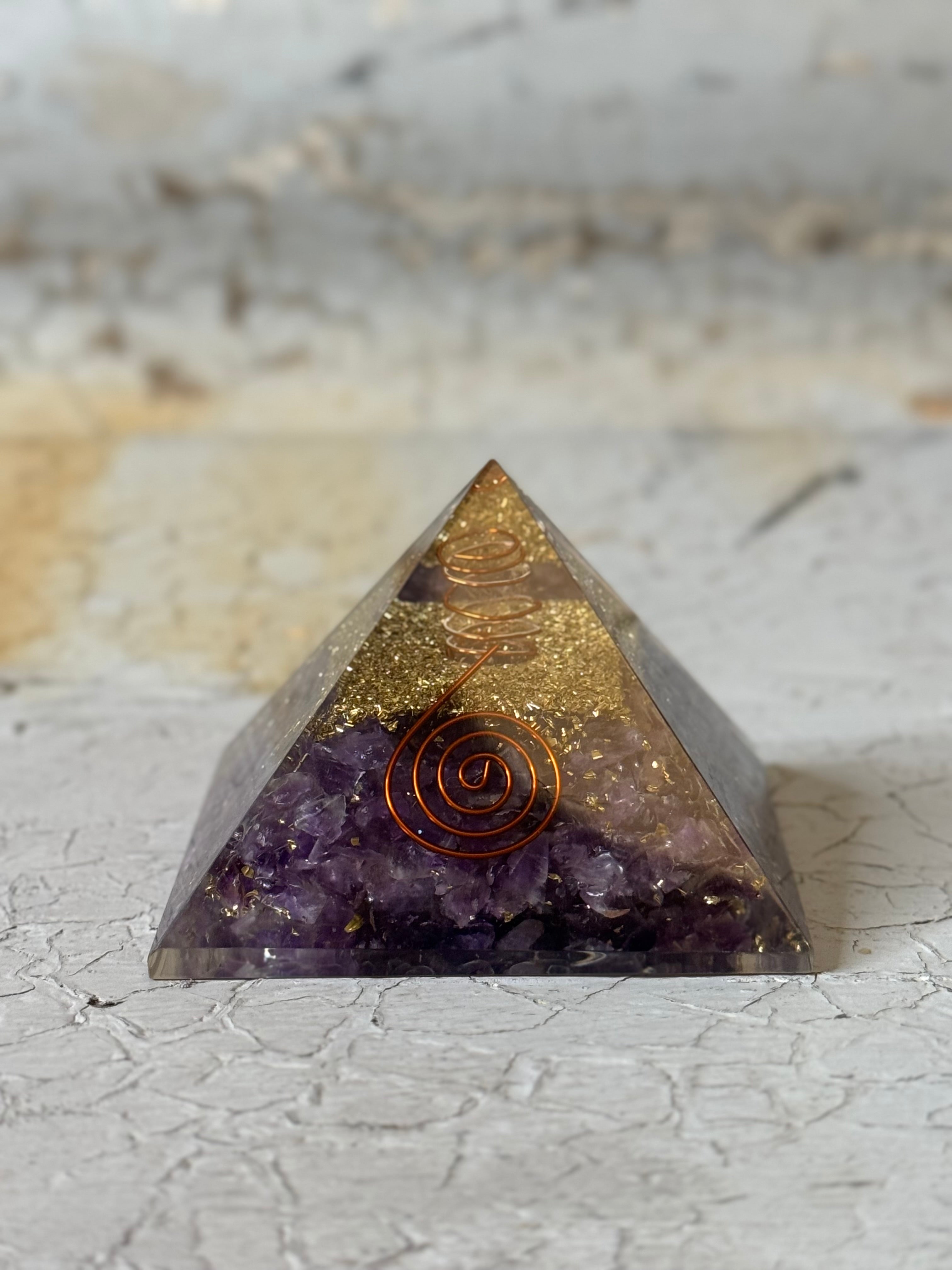 Orgone  Pyramid - amethyst with copper spiral