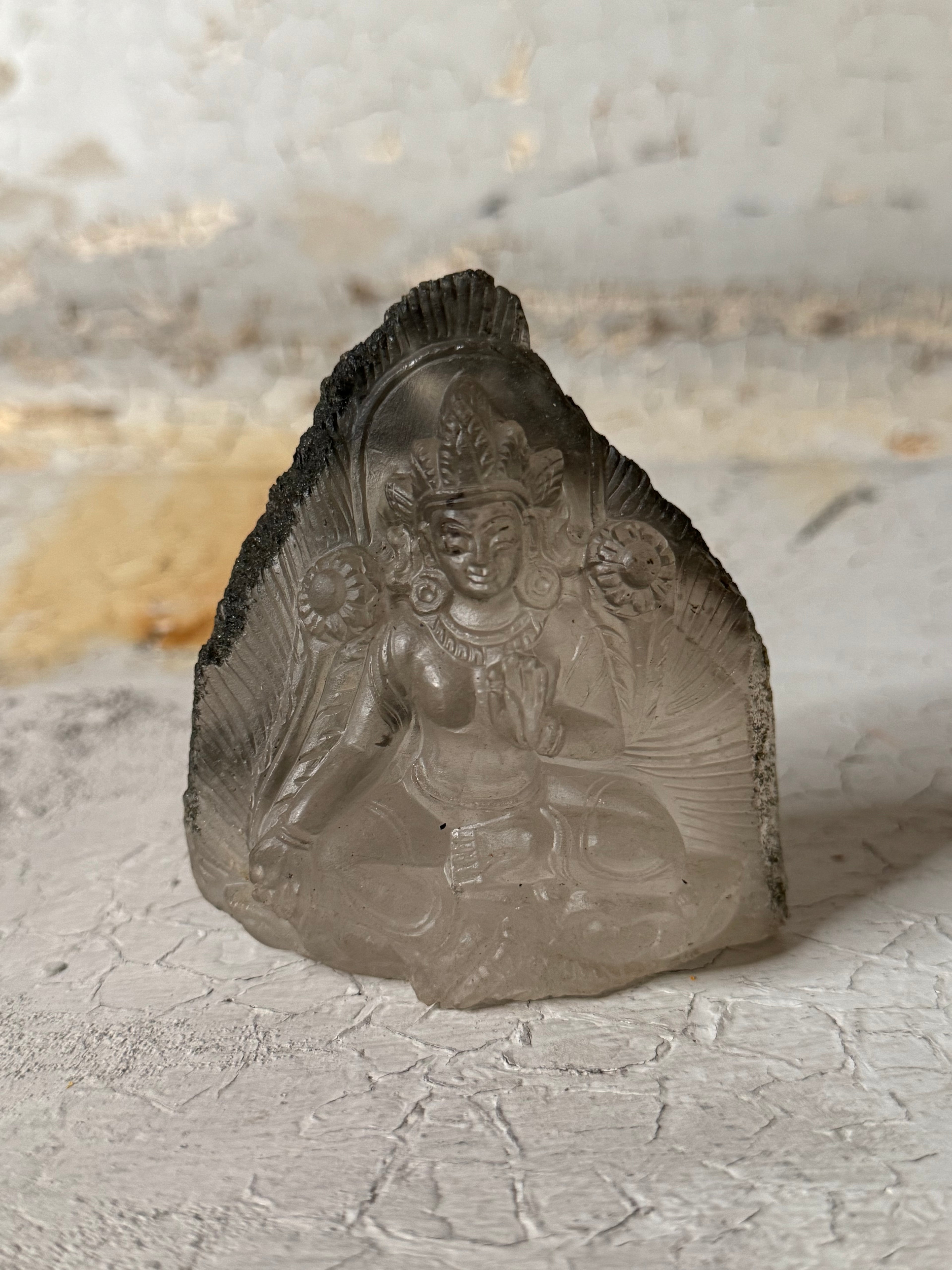 quartz and green chlorite with carved green tara