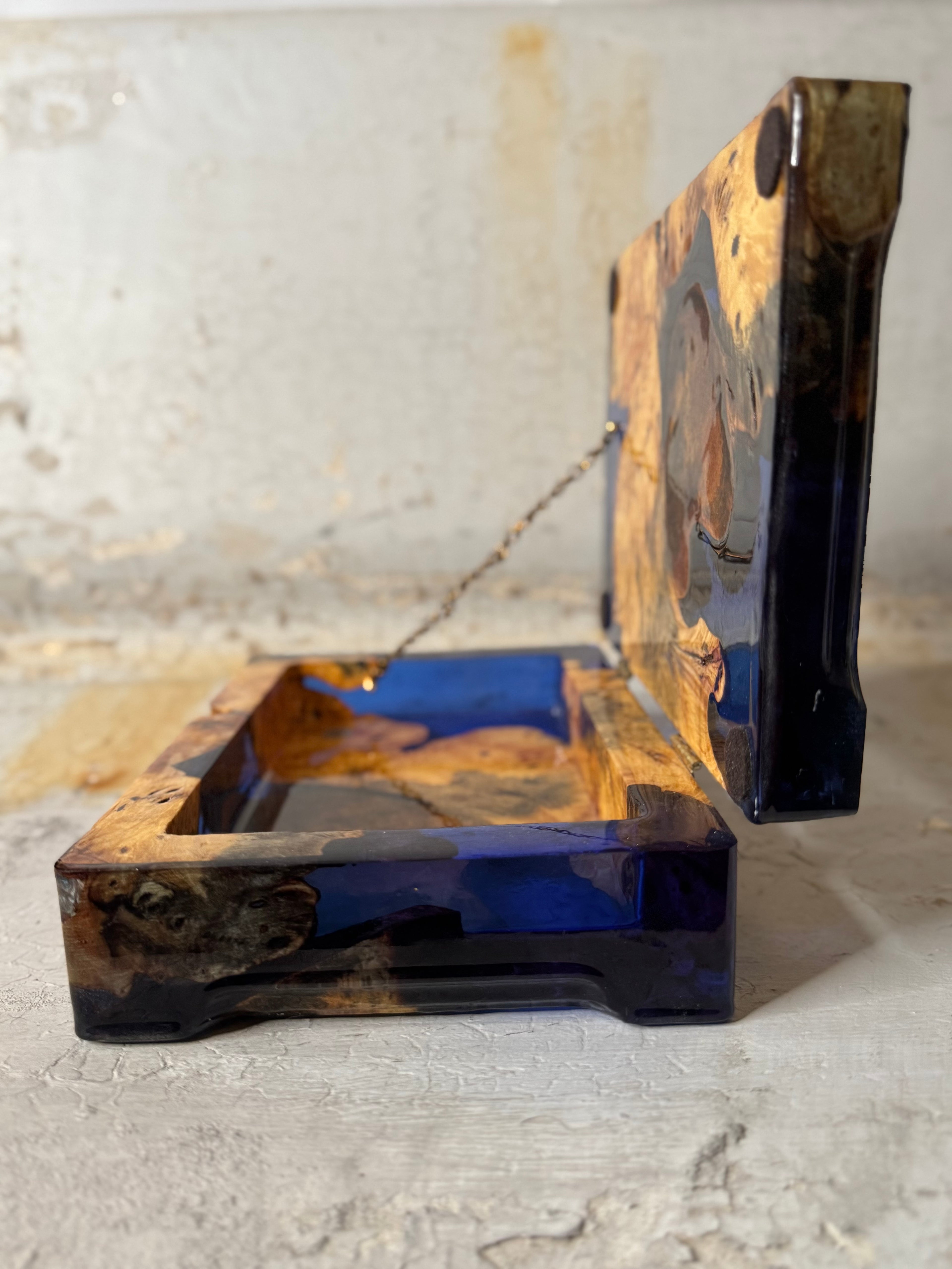 handmade wood burl and blue resin keepsake box