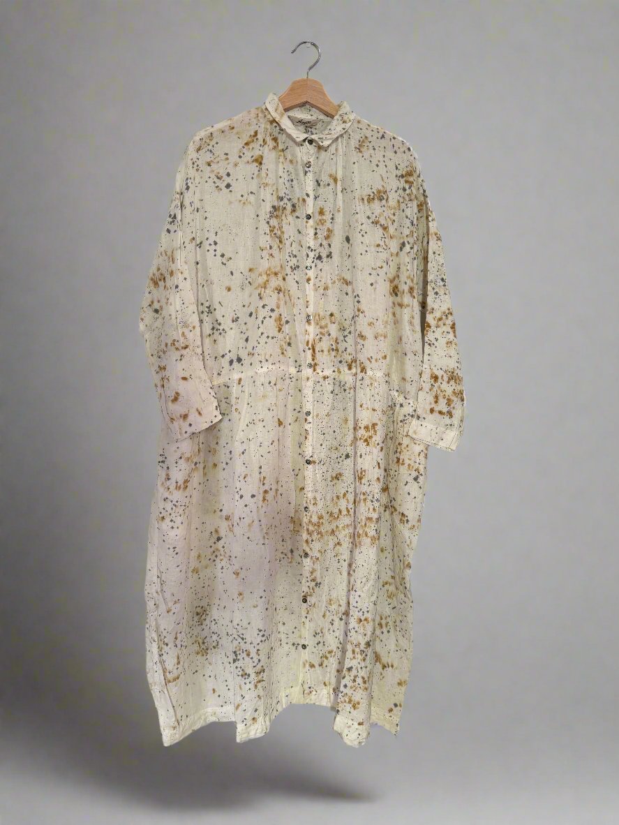 Ichi antiquites Sumi ink and persimmon splatter linen dress