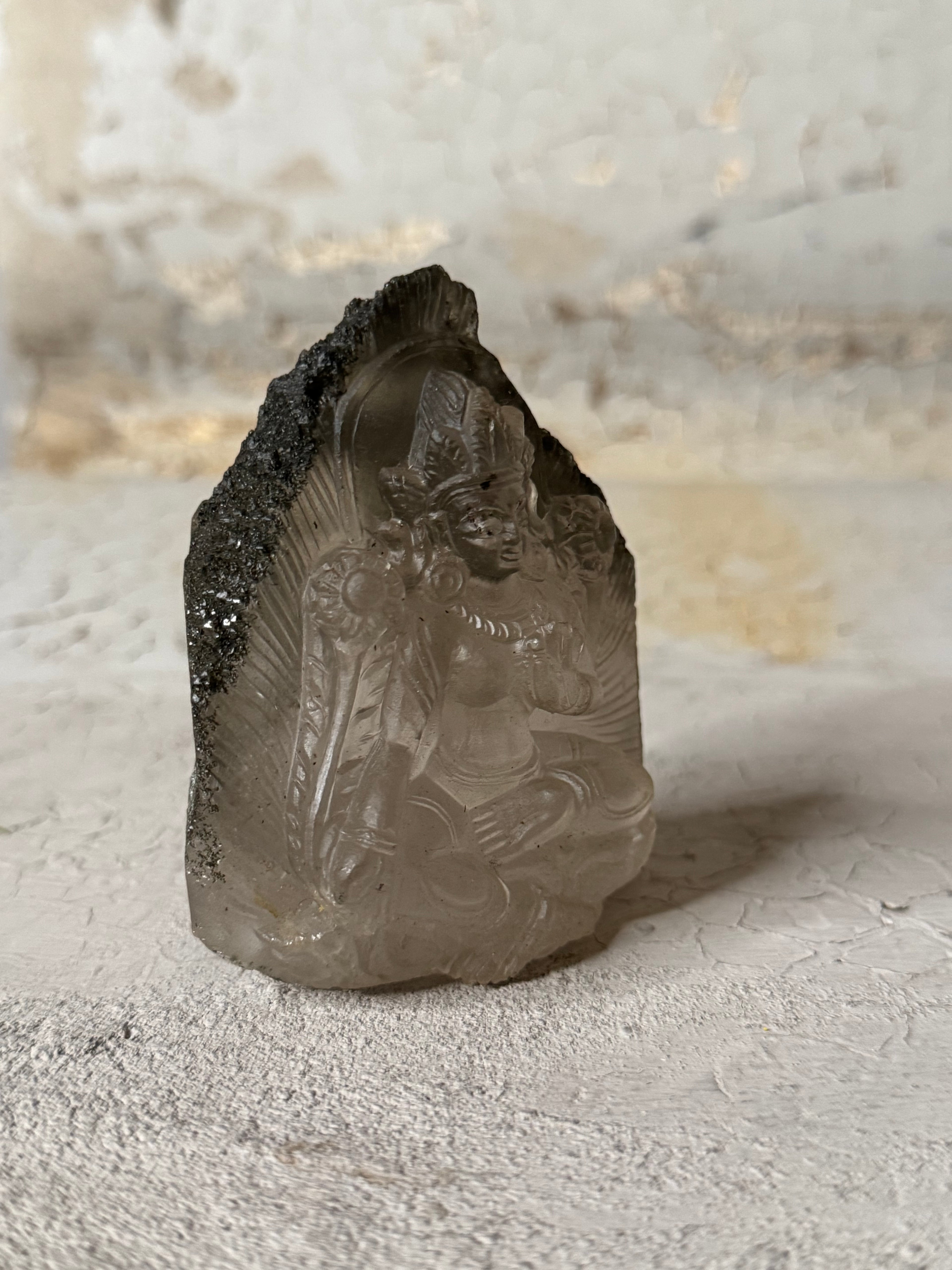 quartz and green chlorite with carved green tara