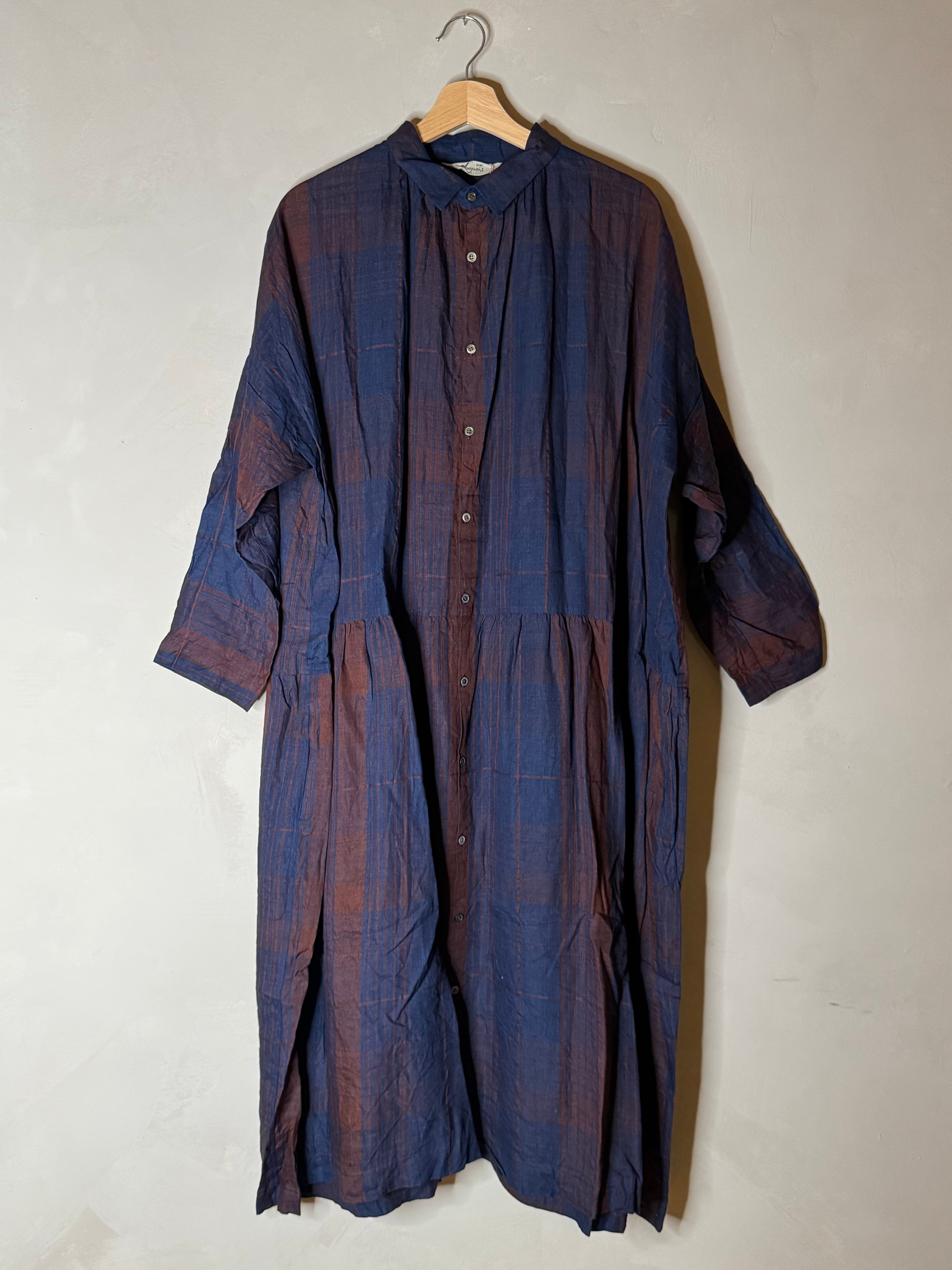 Ichi antiquites indigo and burnt umber plaid dress