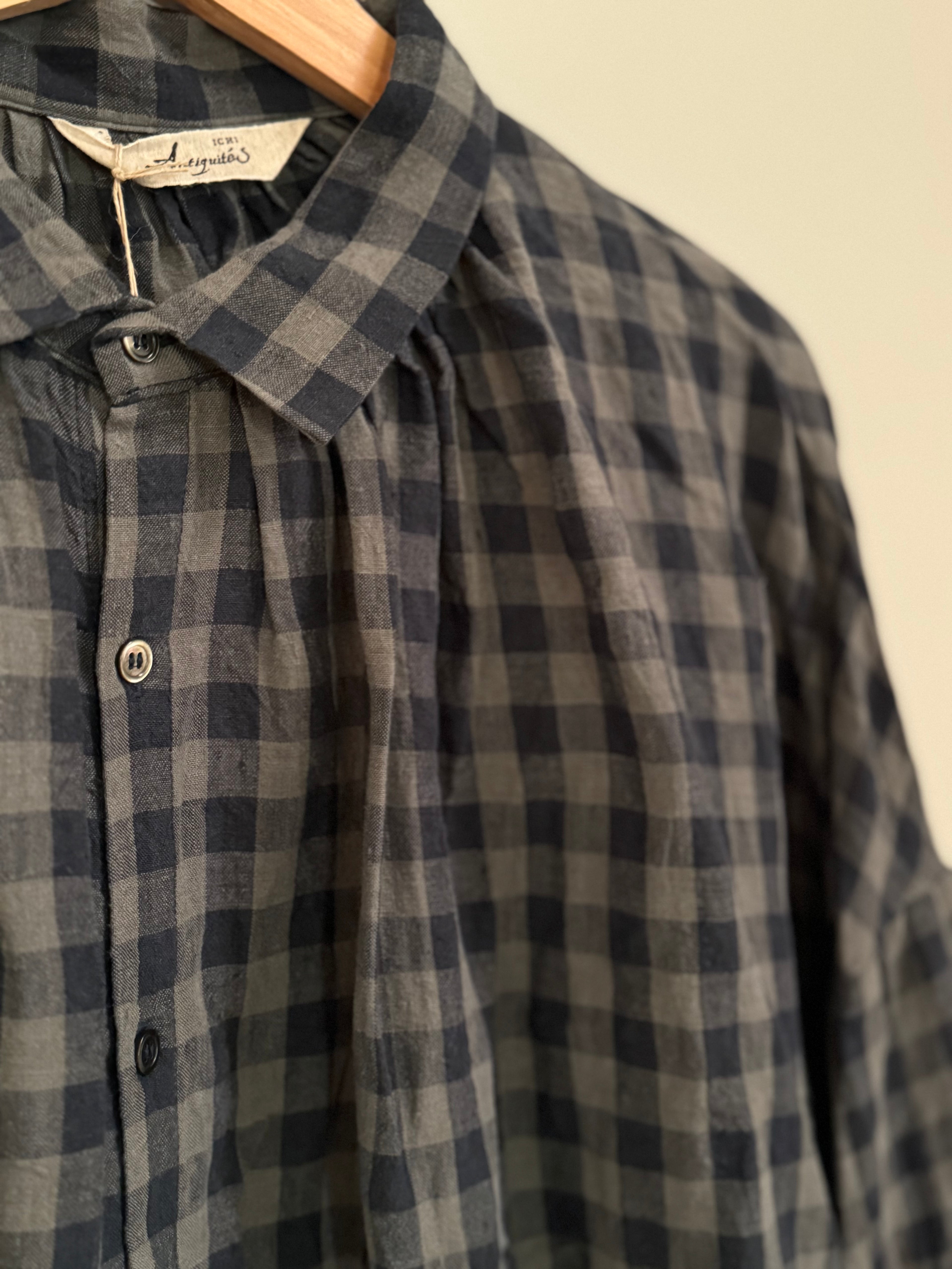 Ichi antiquites Gingham blue and grey linen shirt
