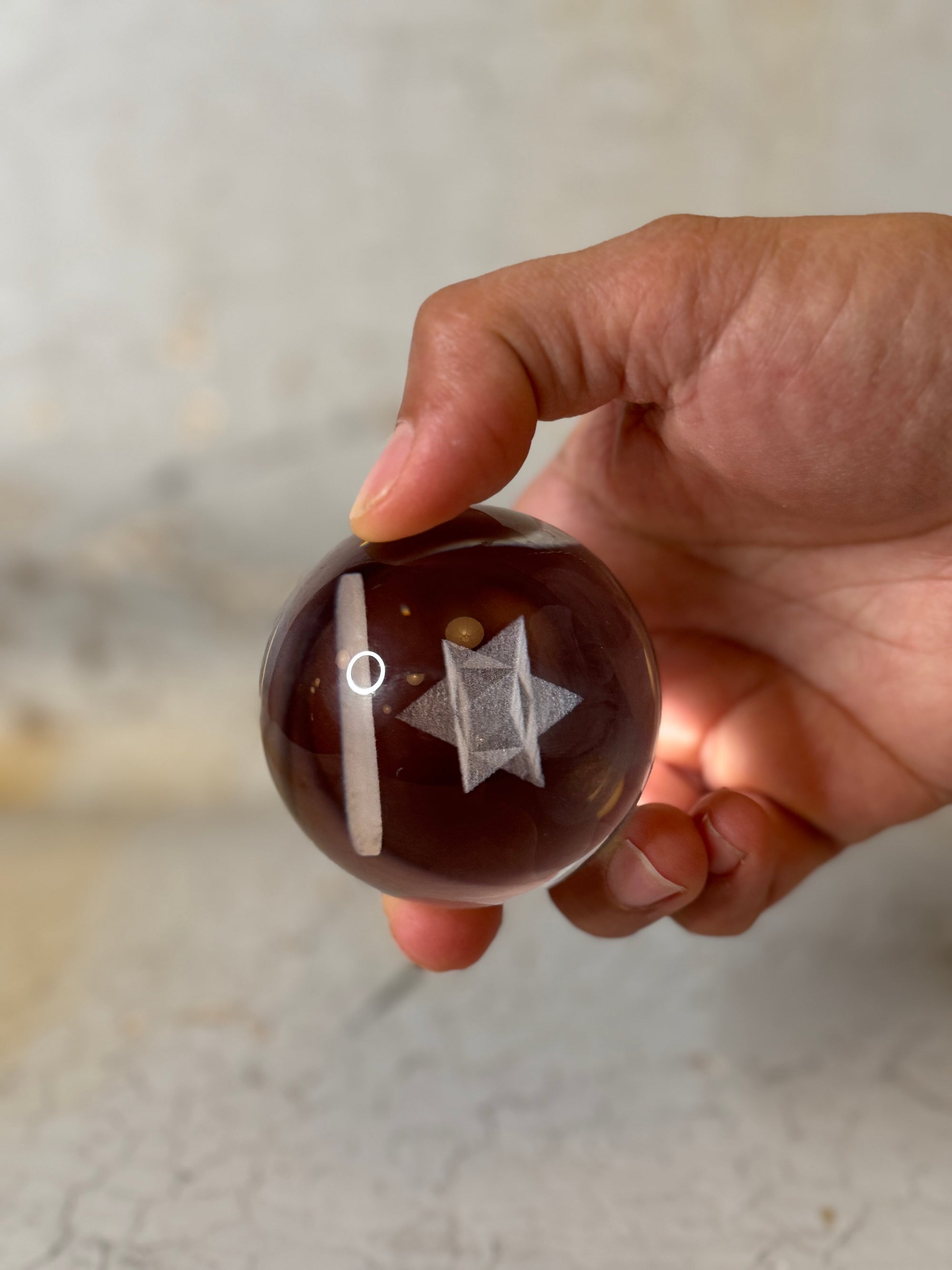 holographic glass sphere with merkaba and flower of life