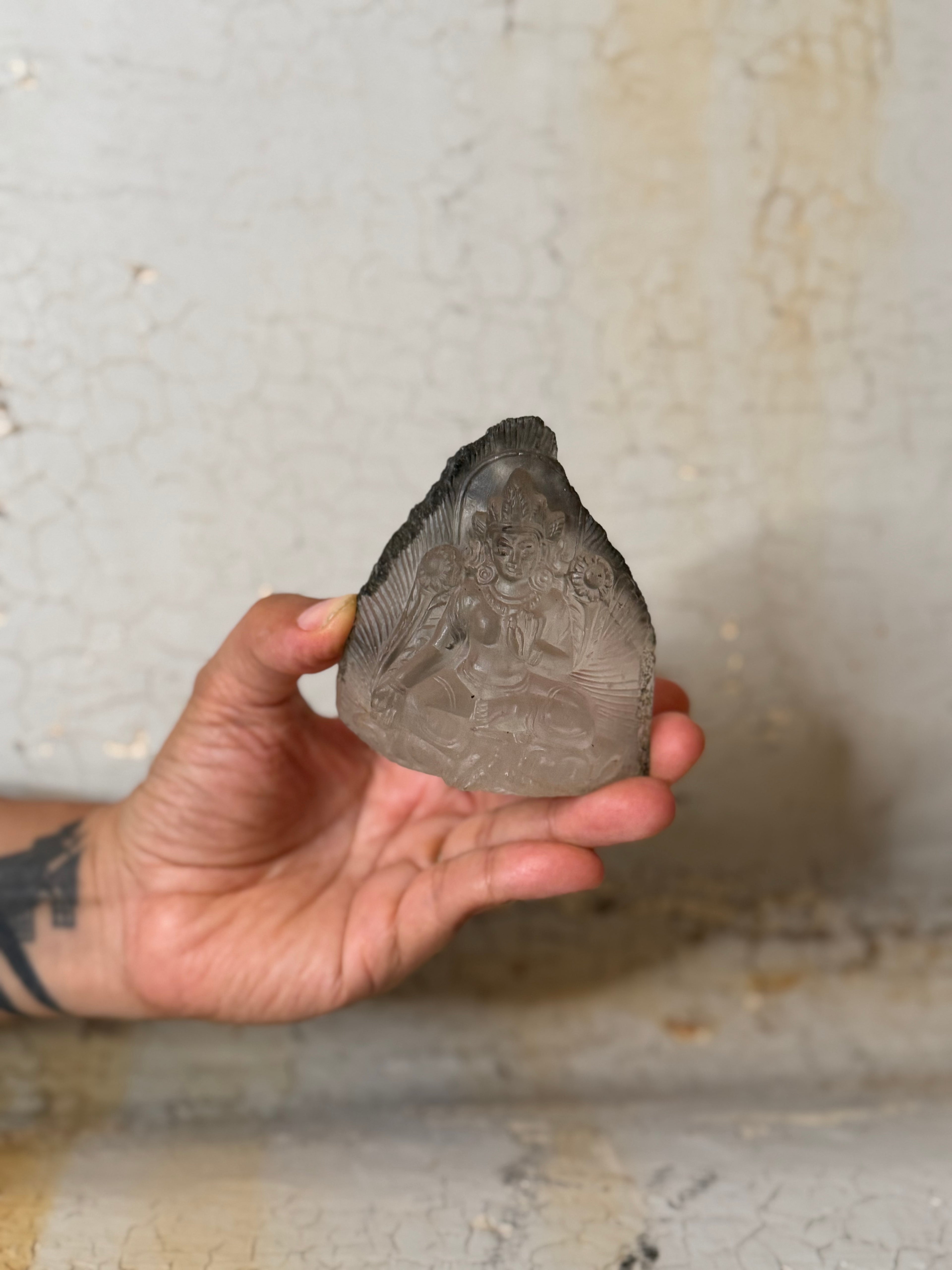 quartz and green chlorite with carved green tara