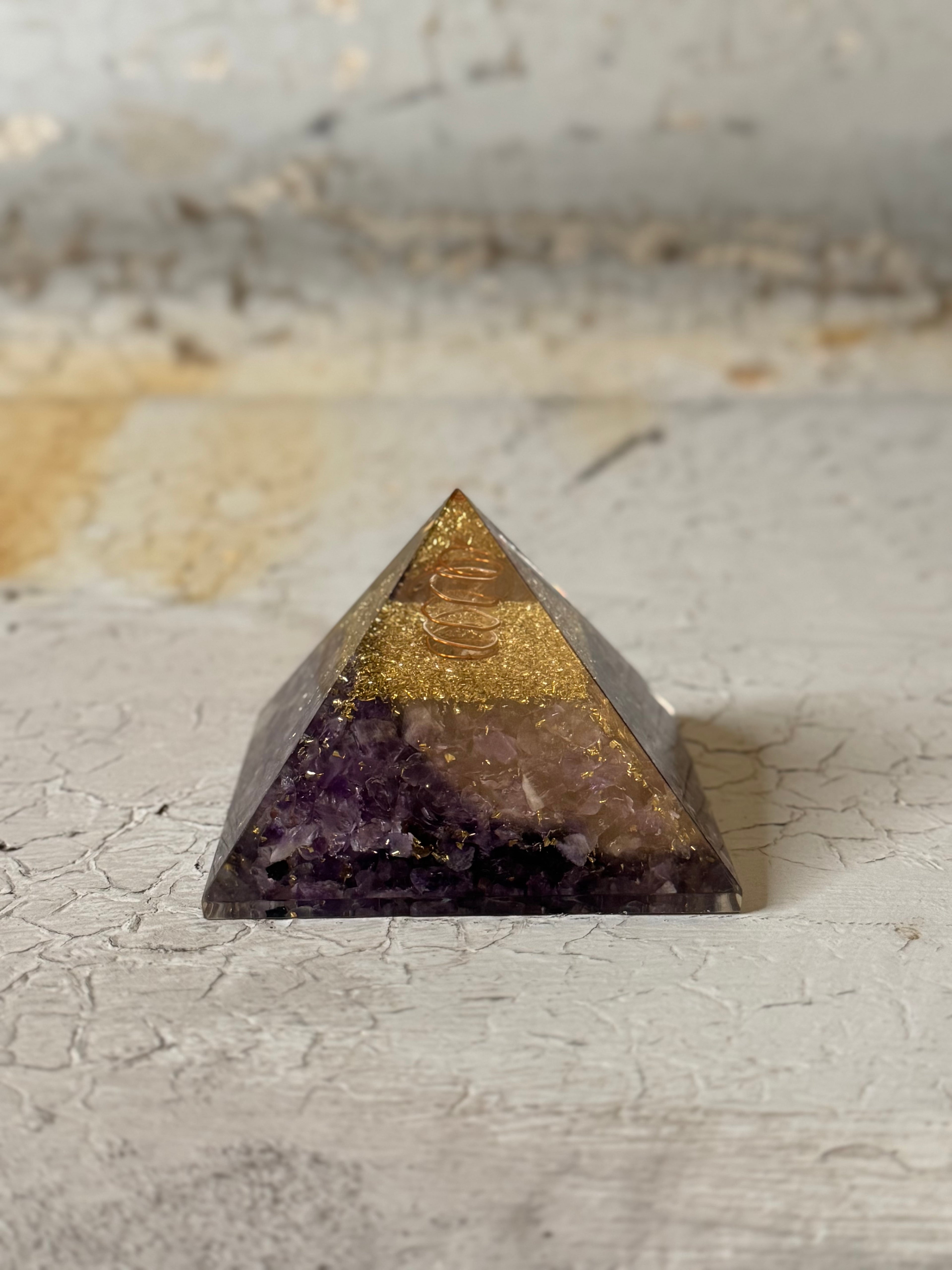 Orgone  Pyramid - amethyst with copper spiral