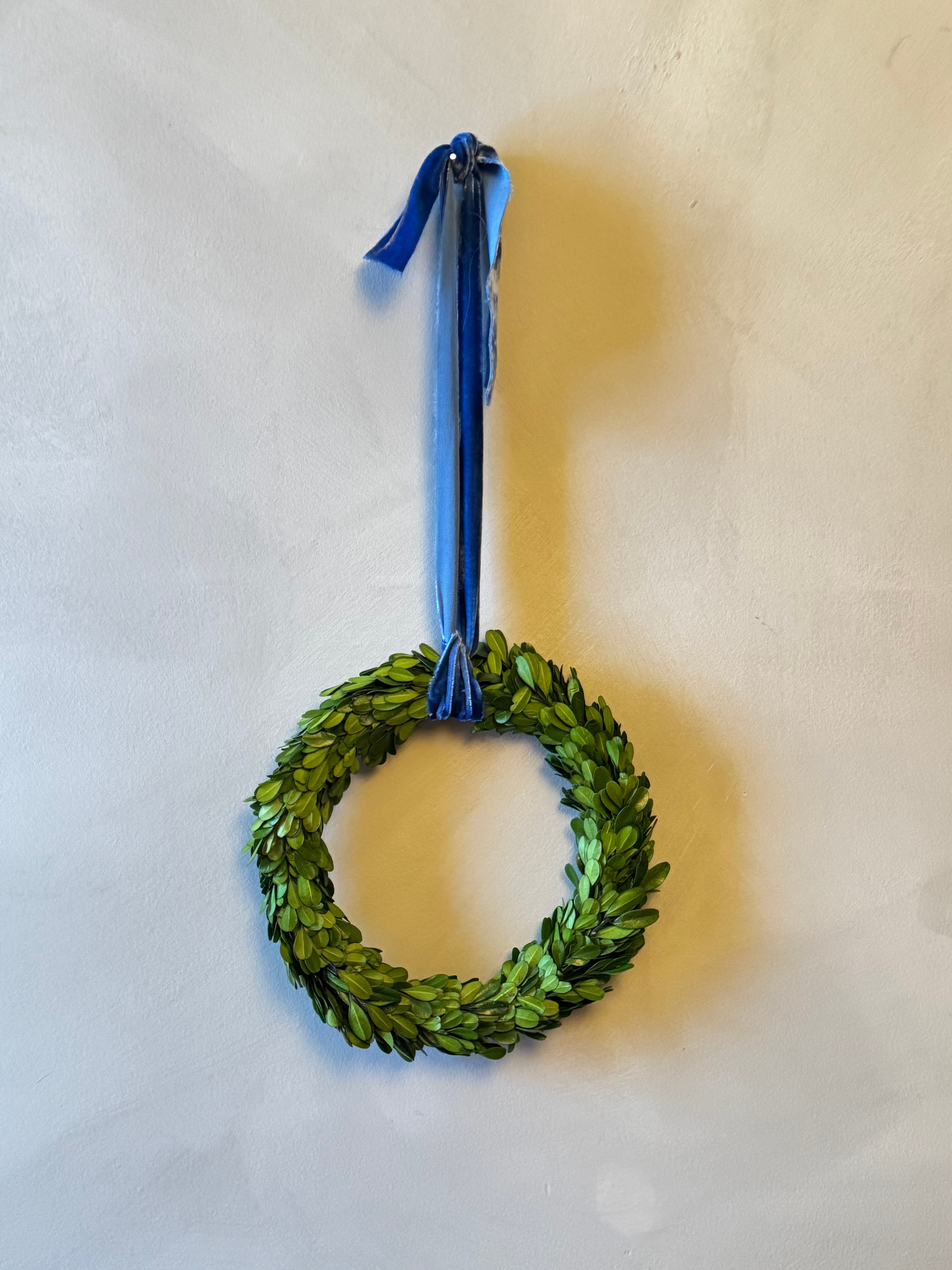 preserved boxwood wreaths with raw indigo velvet ribbon - 3 sizes