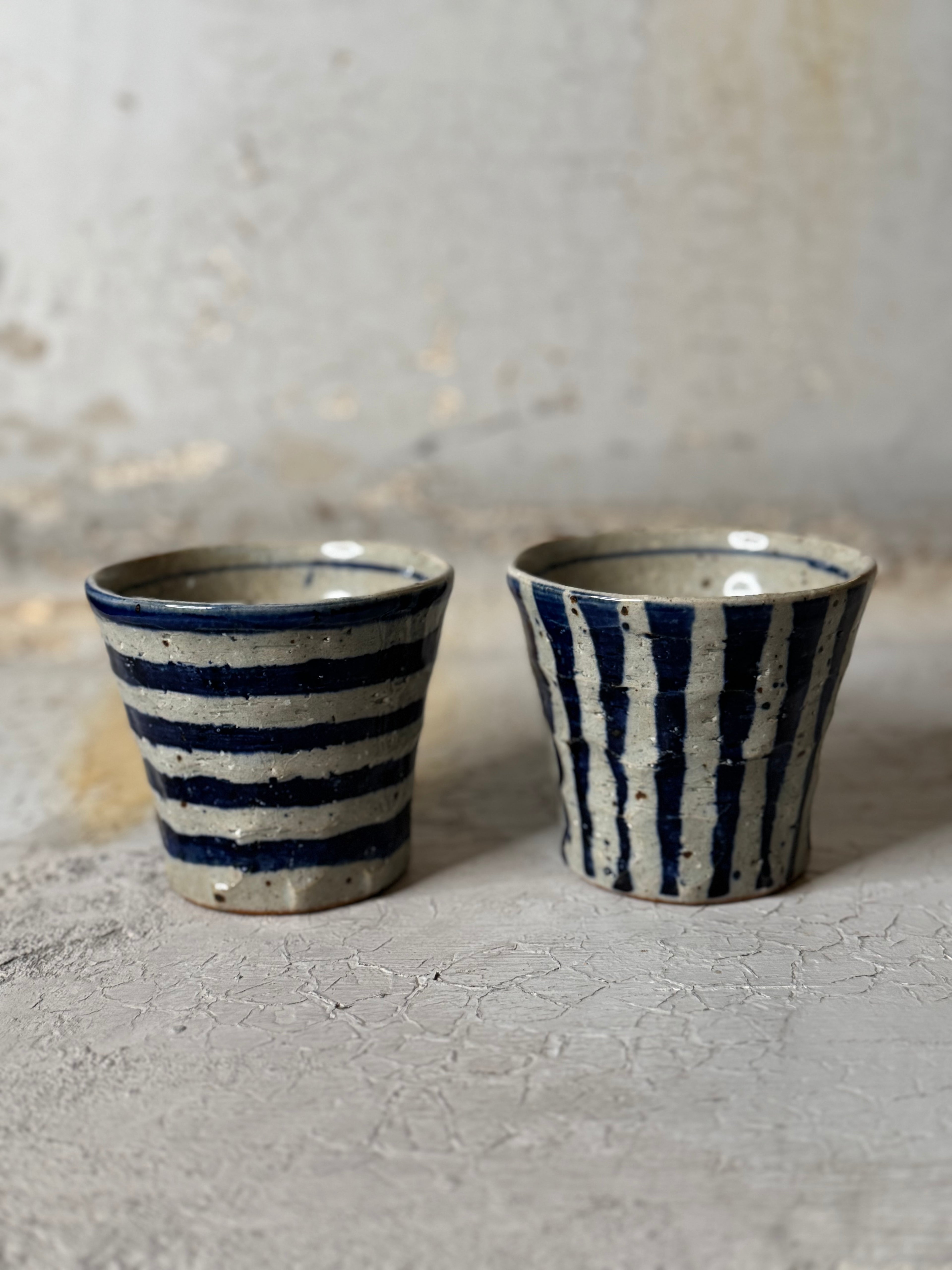 yunomi - vertical indigo stripe - handmade in japan