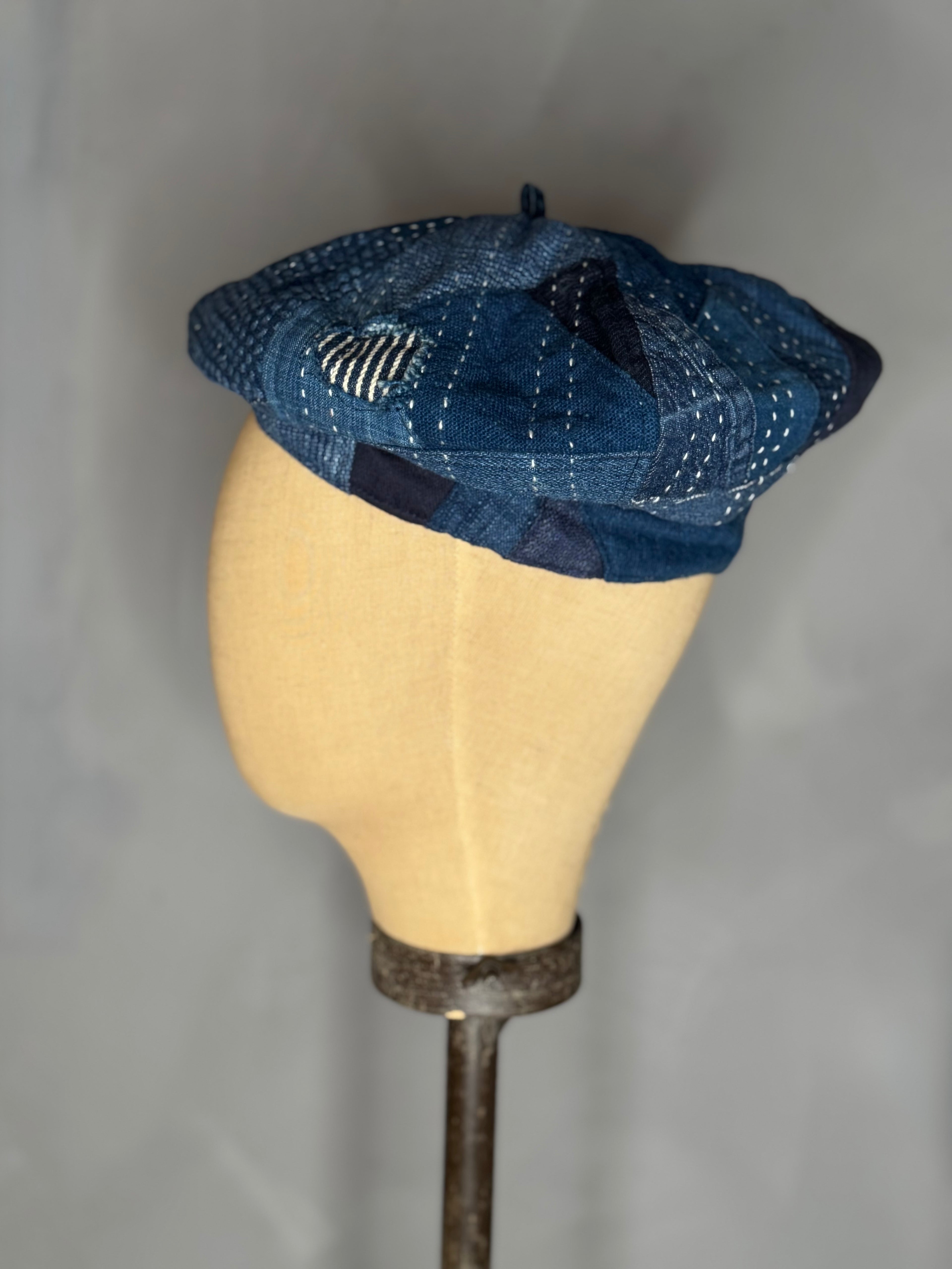 indigo patchwork beret