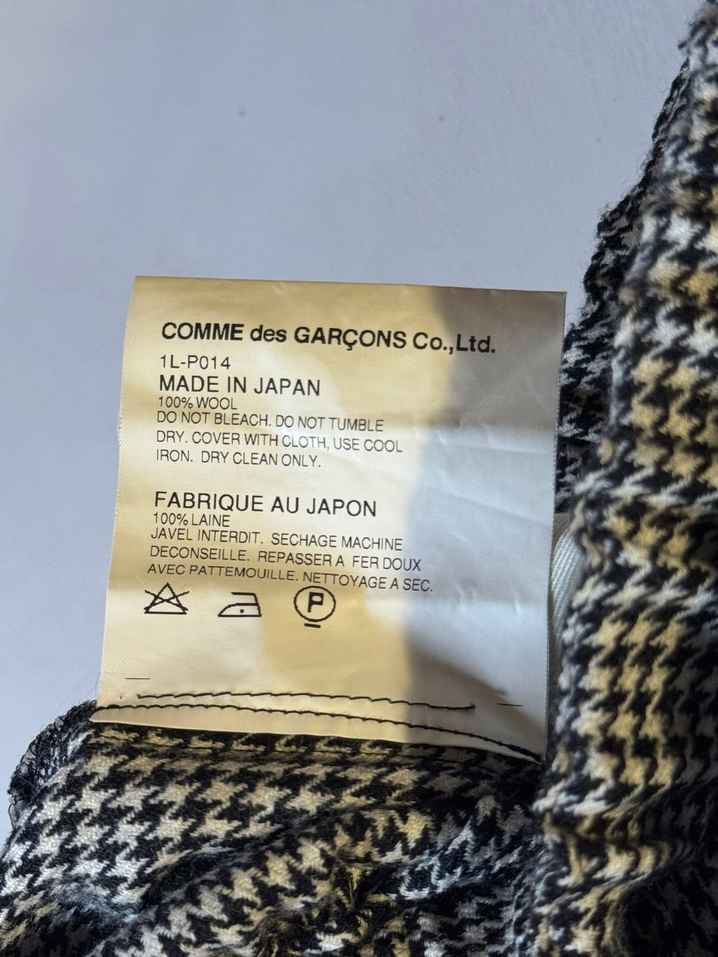 black comme des garçons drop crotch wool herringbone pants