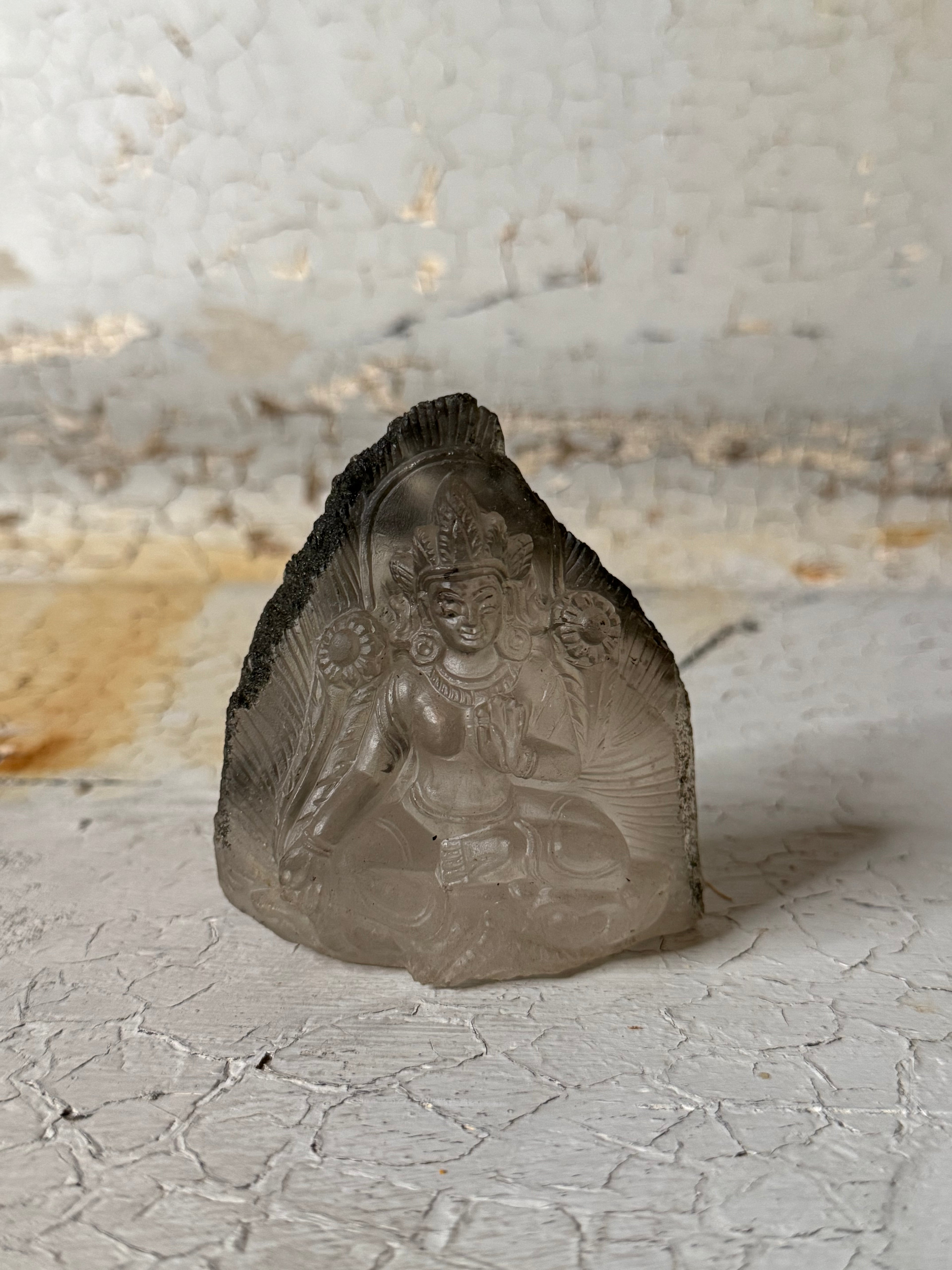 quartz and green chlorite with carved green tara