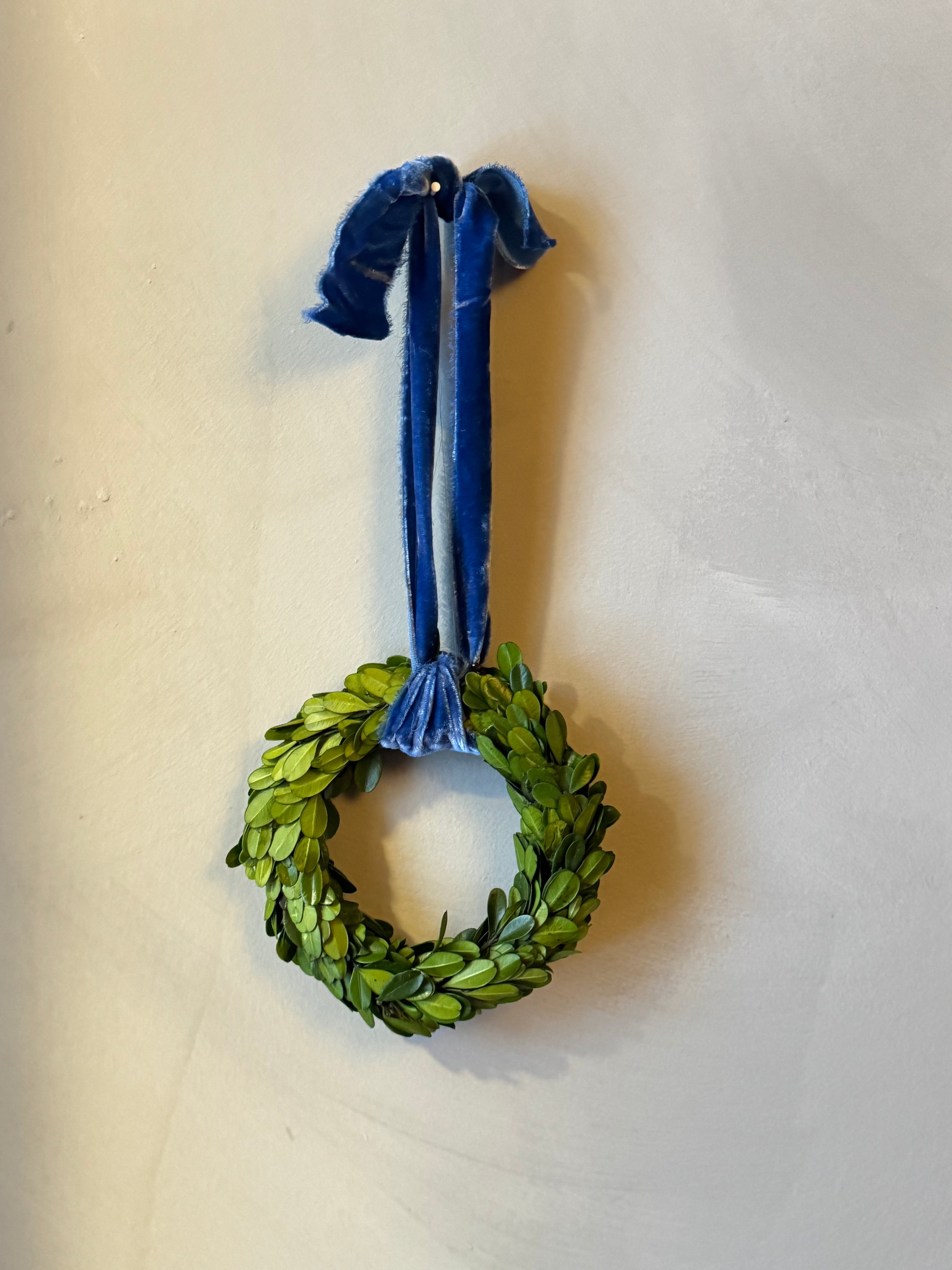 preserved boxwood wreaths with raw indigo velvet ribbon - 3 sizes
