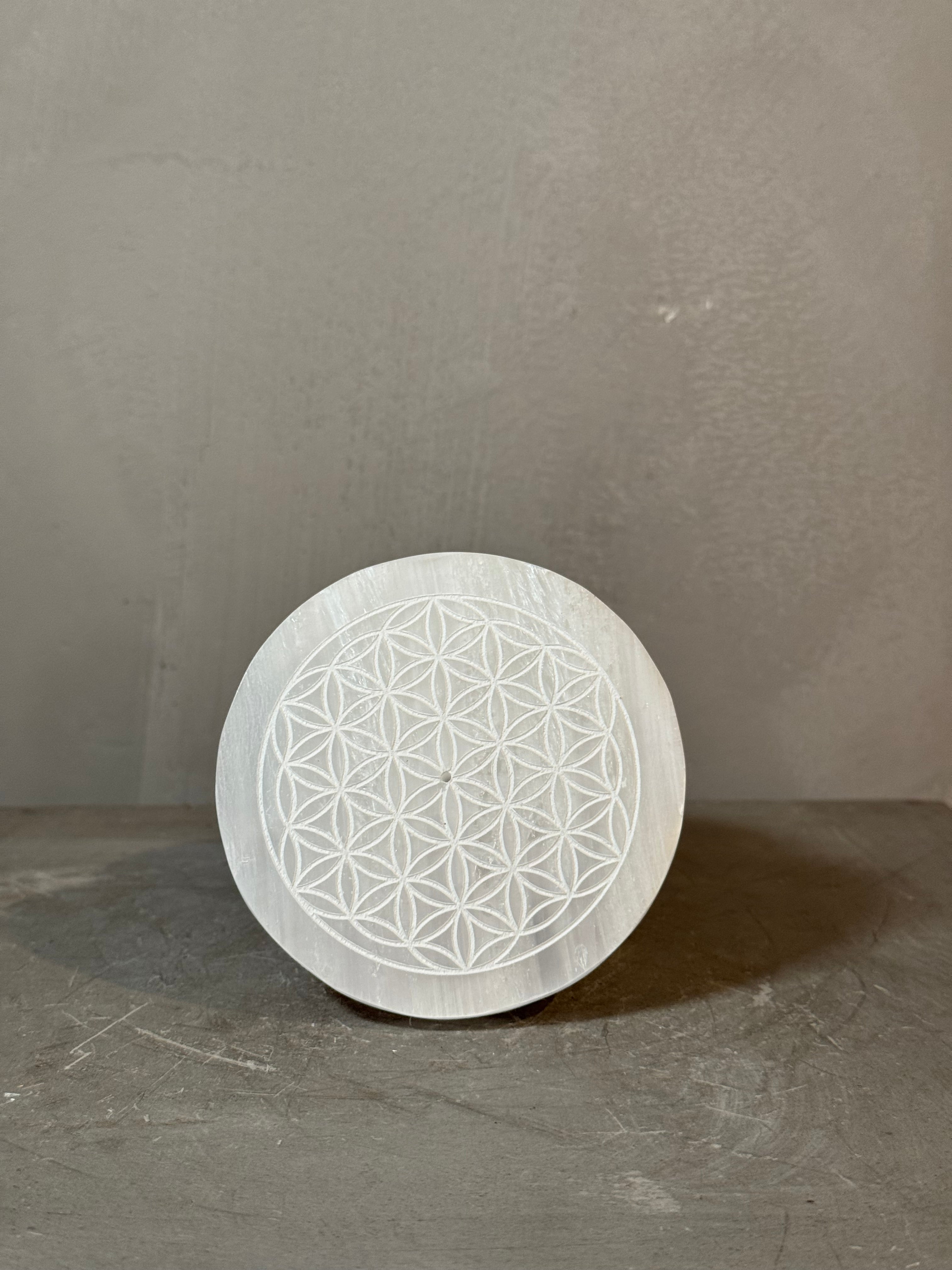 Selenite Flower of Life charging disk and Incense Holder