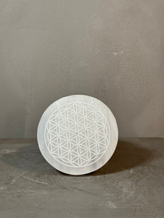 Selenite Incense Holder Round with Flower of Life