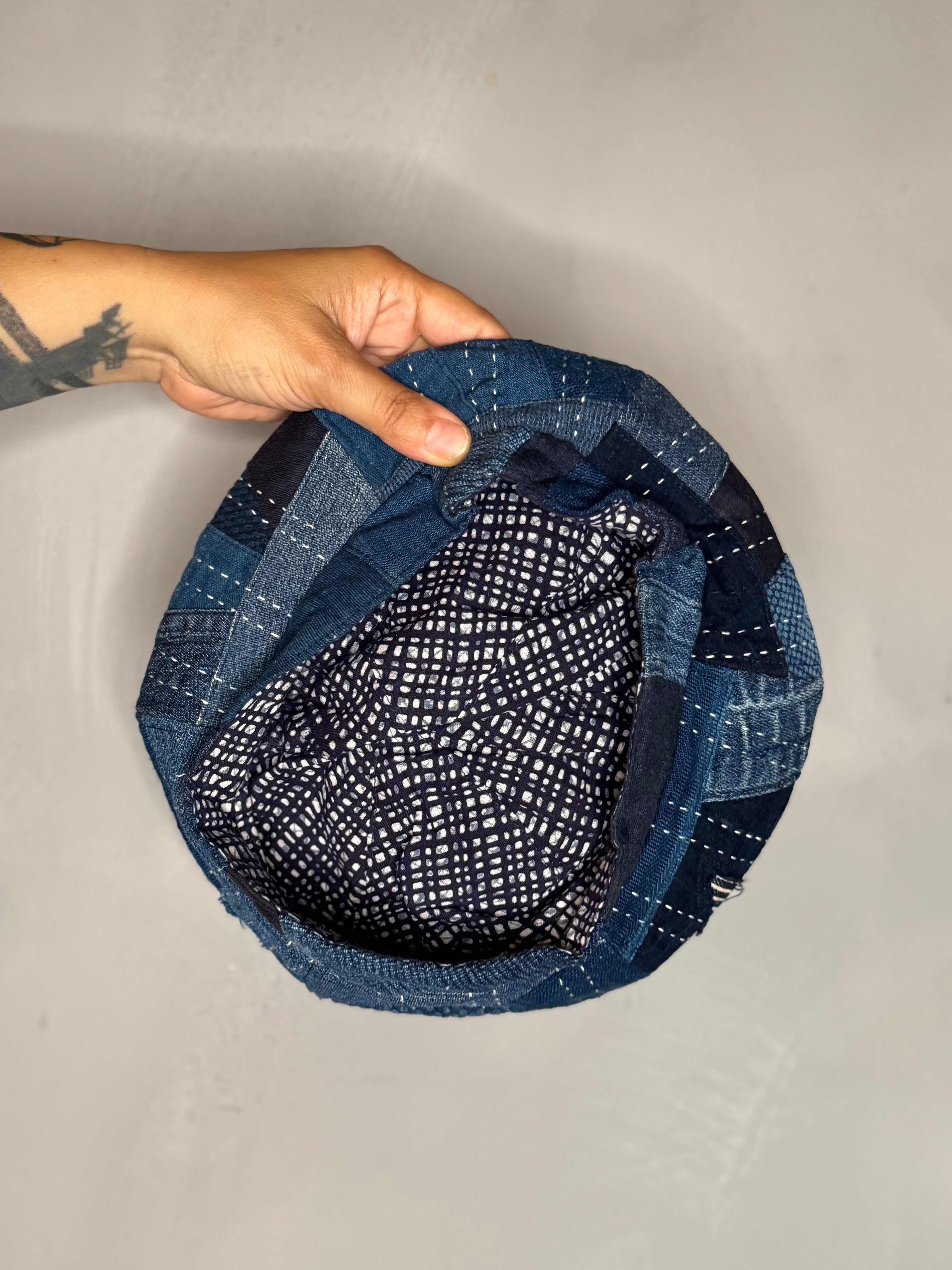 indigo patchwork beret