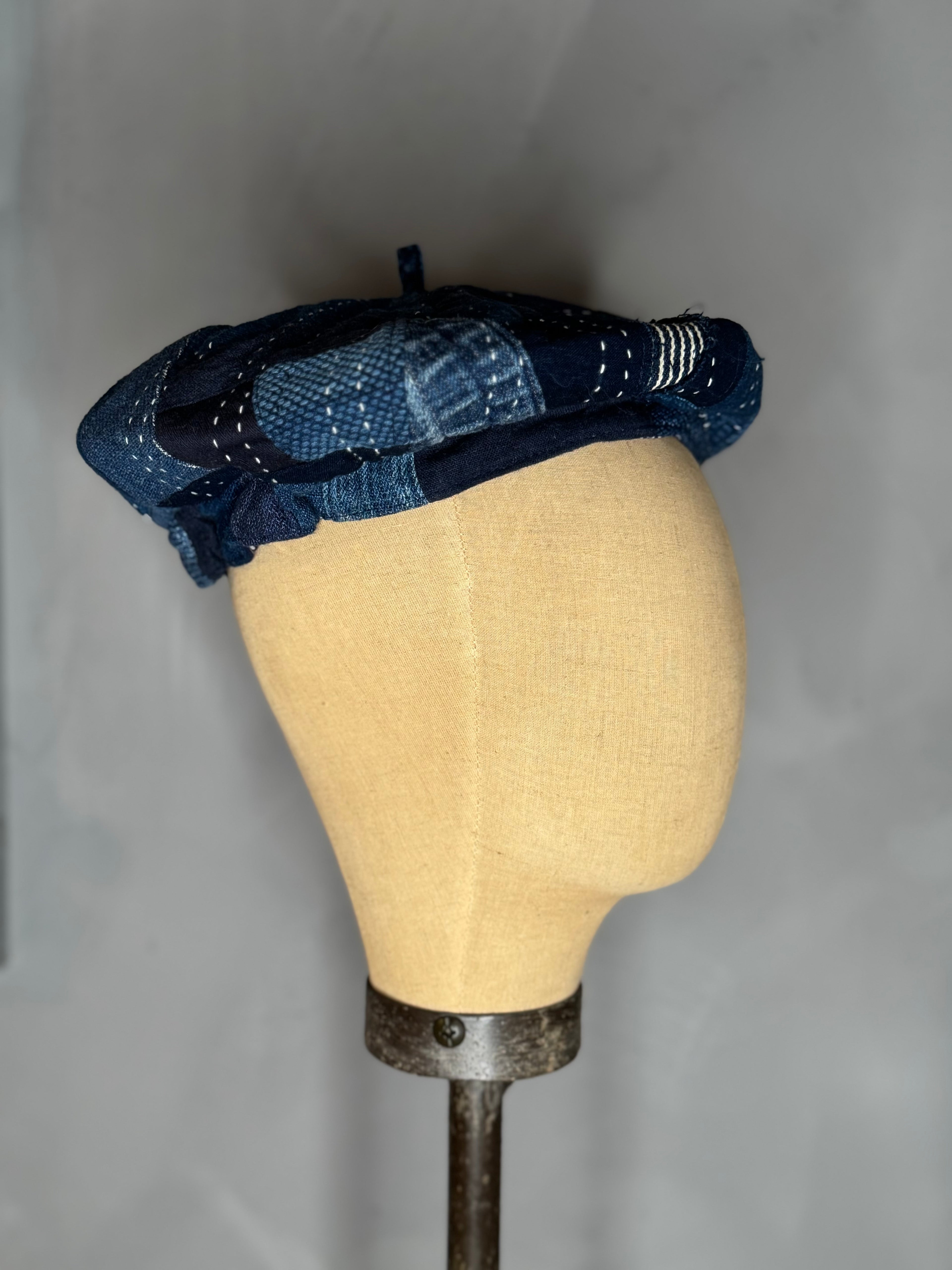 indigo patchwork beret