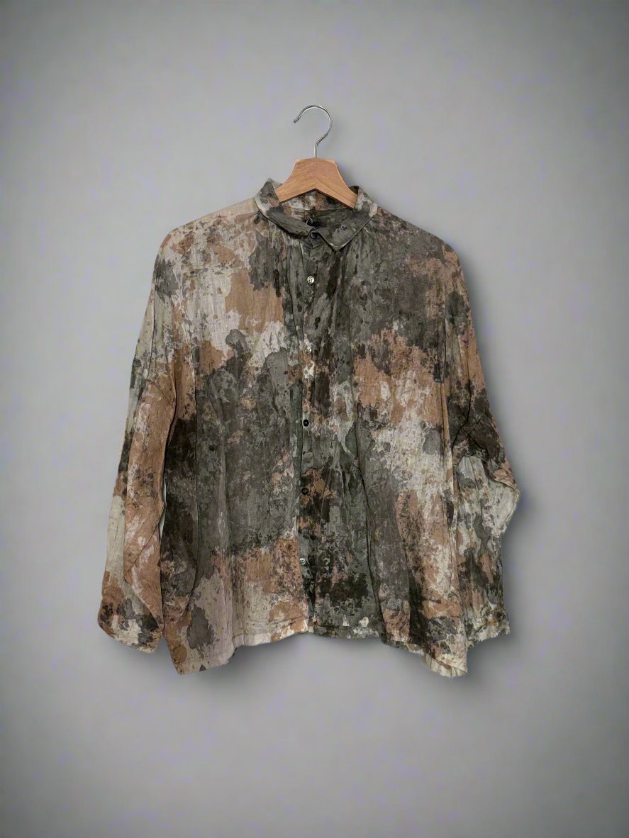 Ichi antiquites Sumi ink and persimmon linen shirt