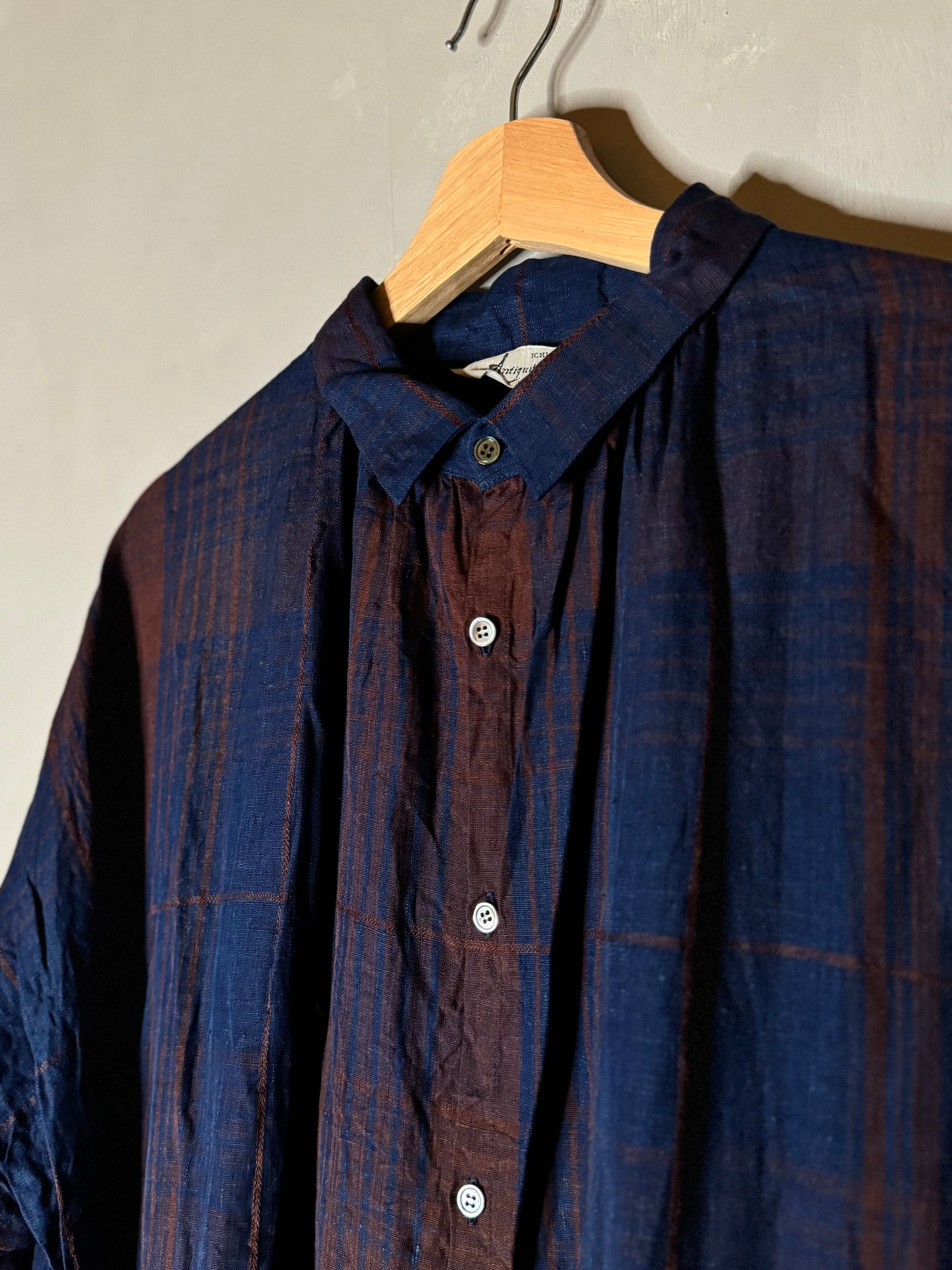 Ichi antiquites indigo and burnt umber plaid dress