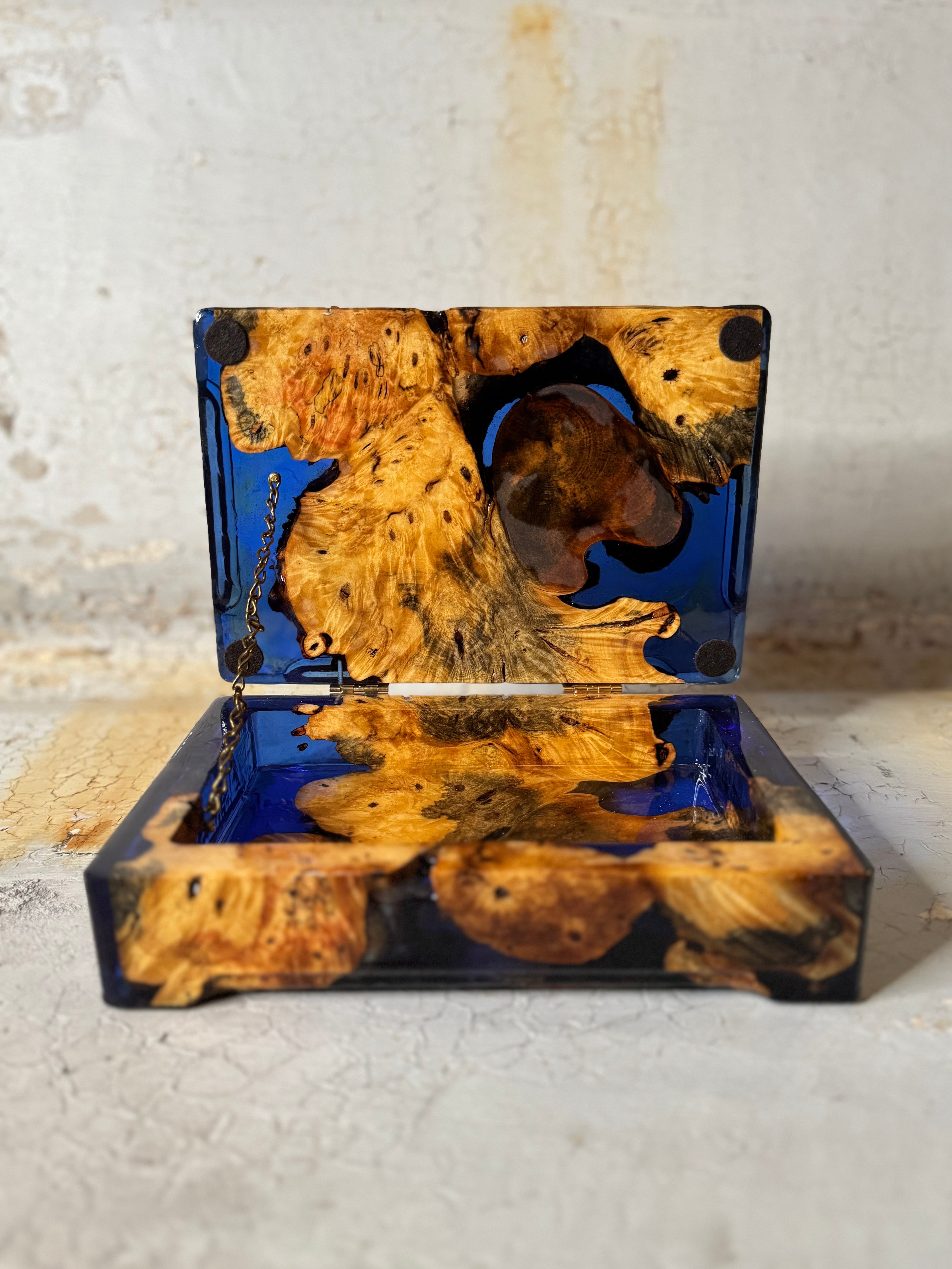 handmade wood burl and blue resin keepsake box