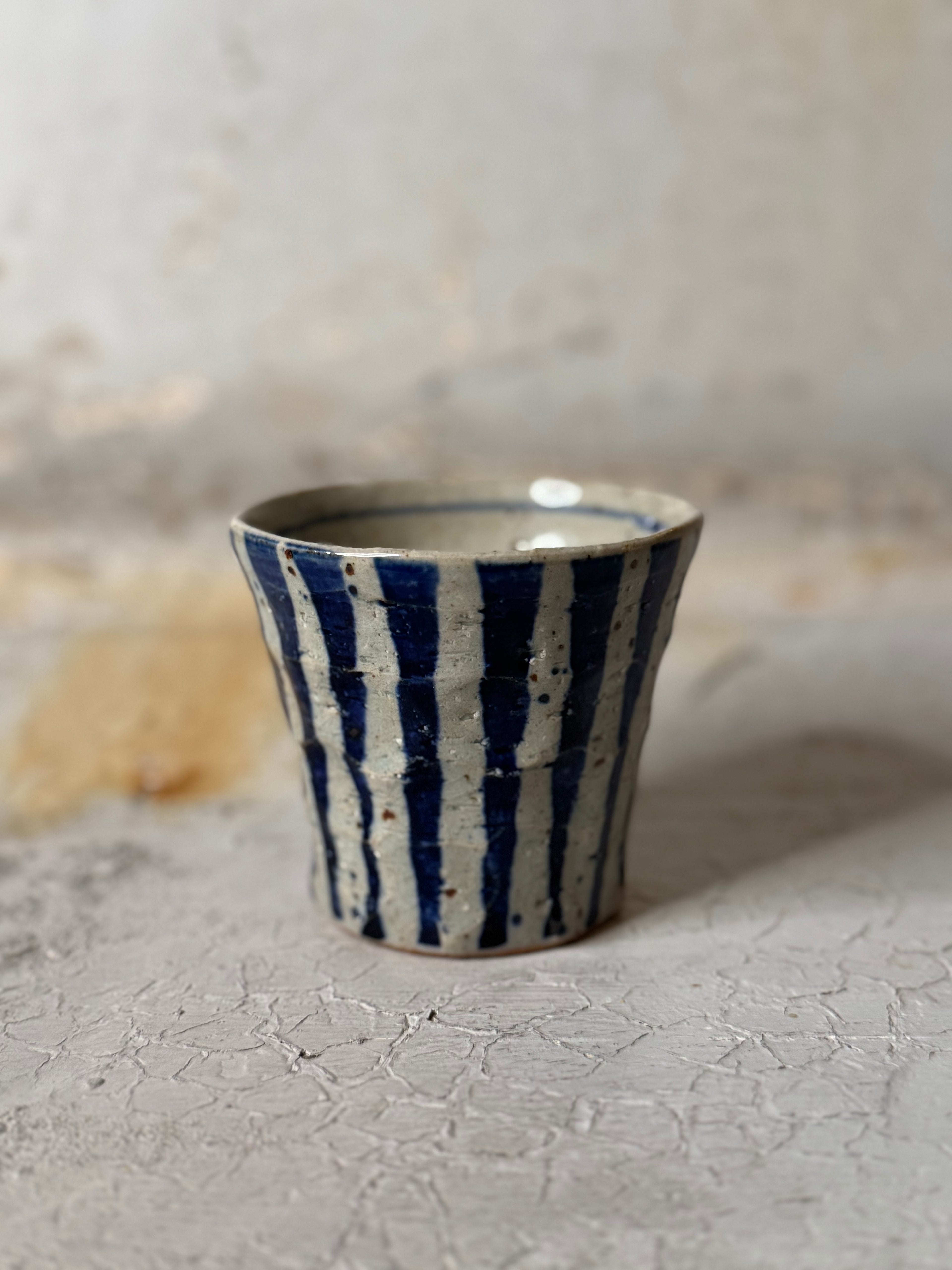 yunomi - vertical indigo stripe - handmade in japan