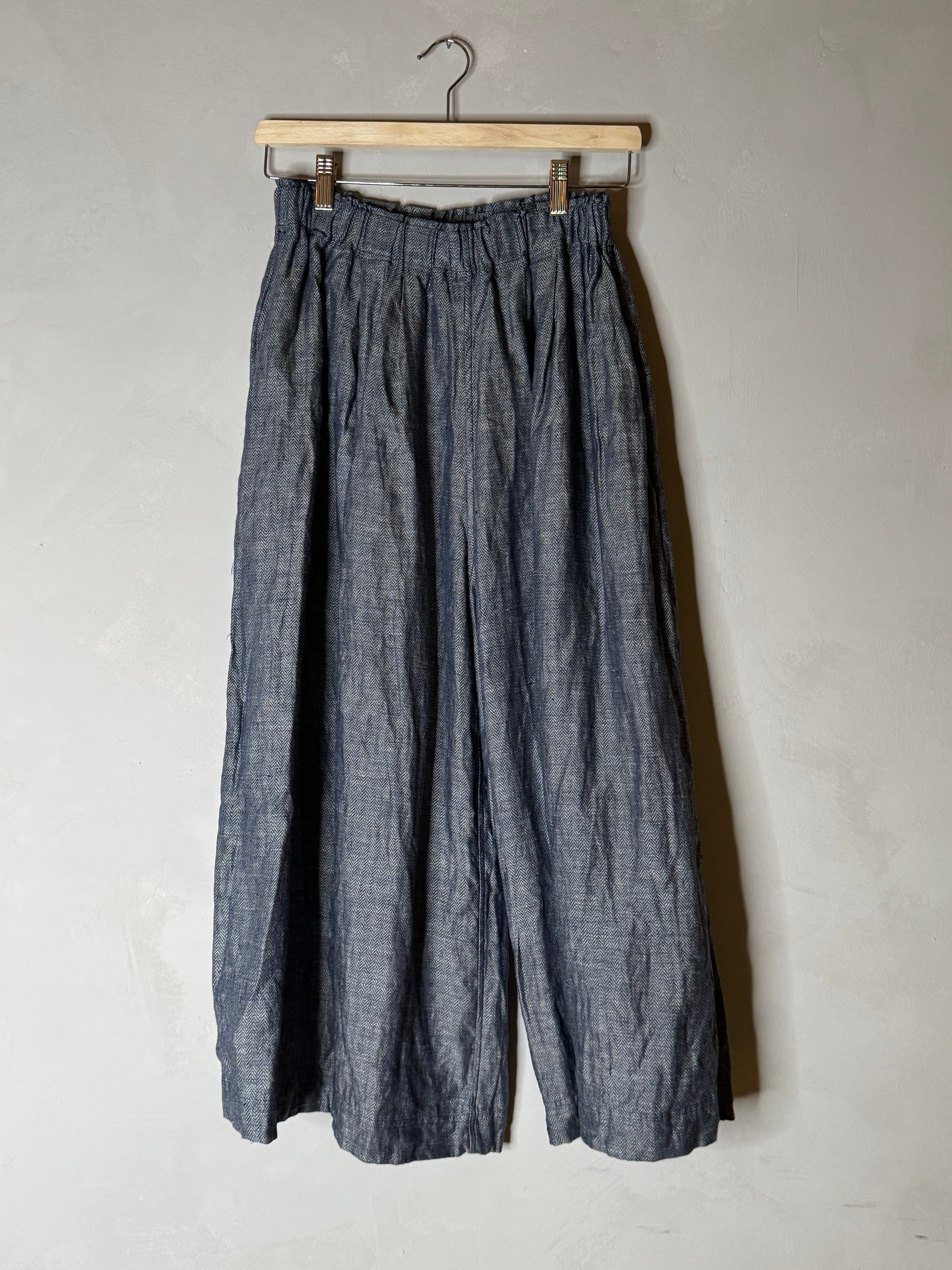 Ichi antiquites wide leg indigo herringbone linen pant