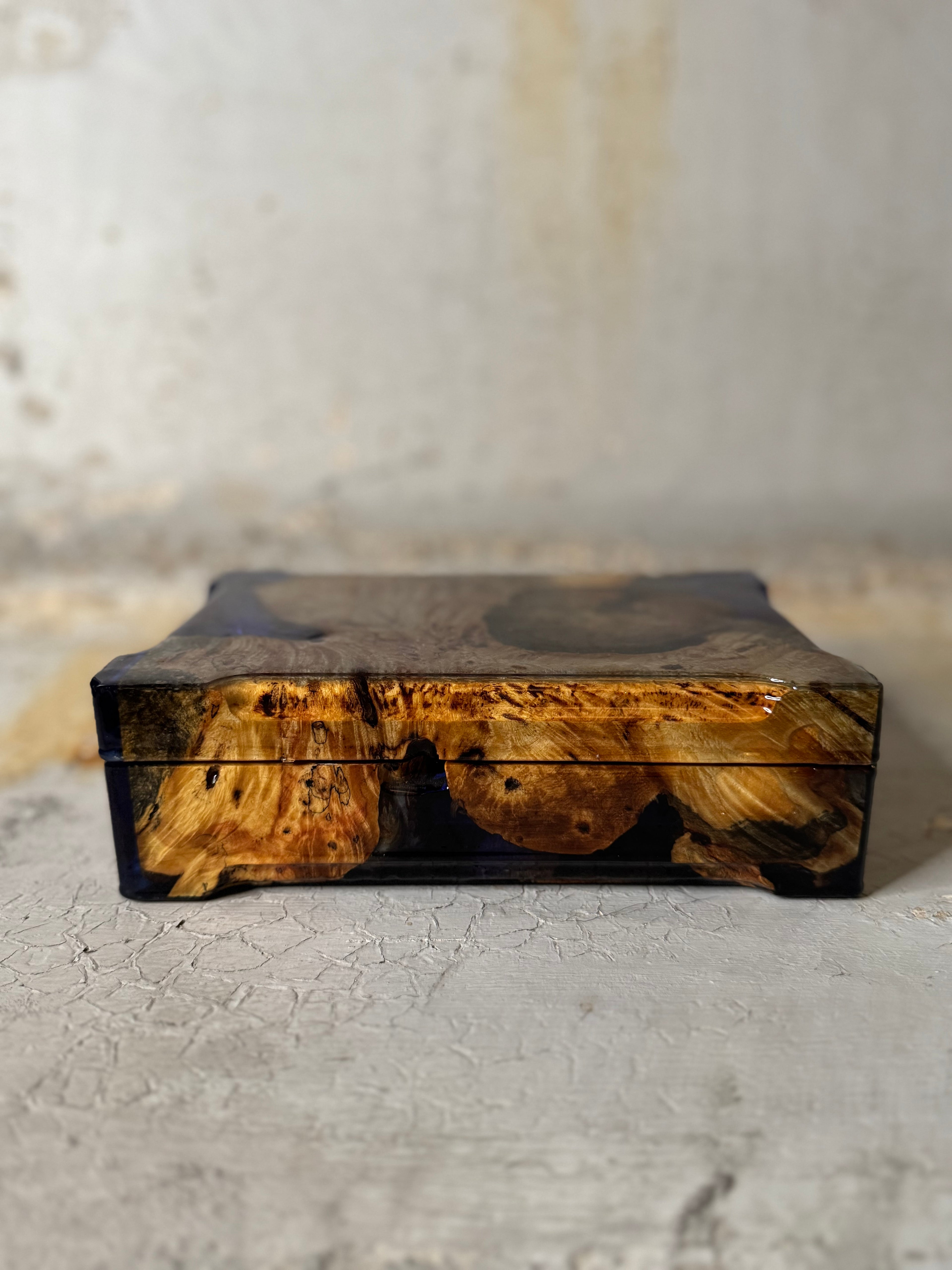 handmade wood burl and blue resin keepsake box