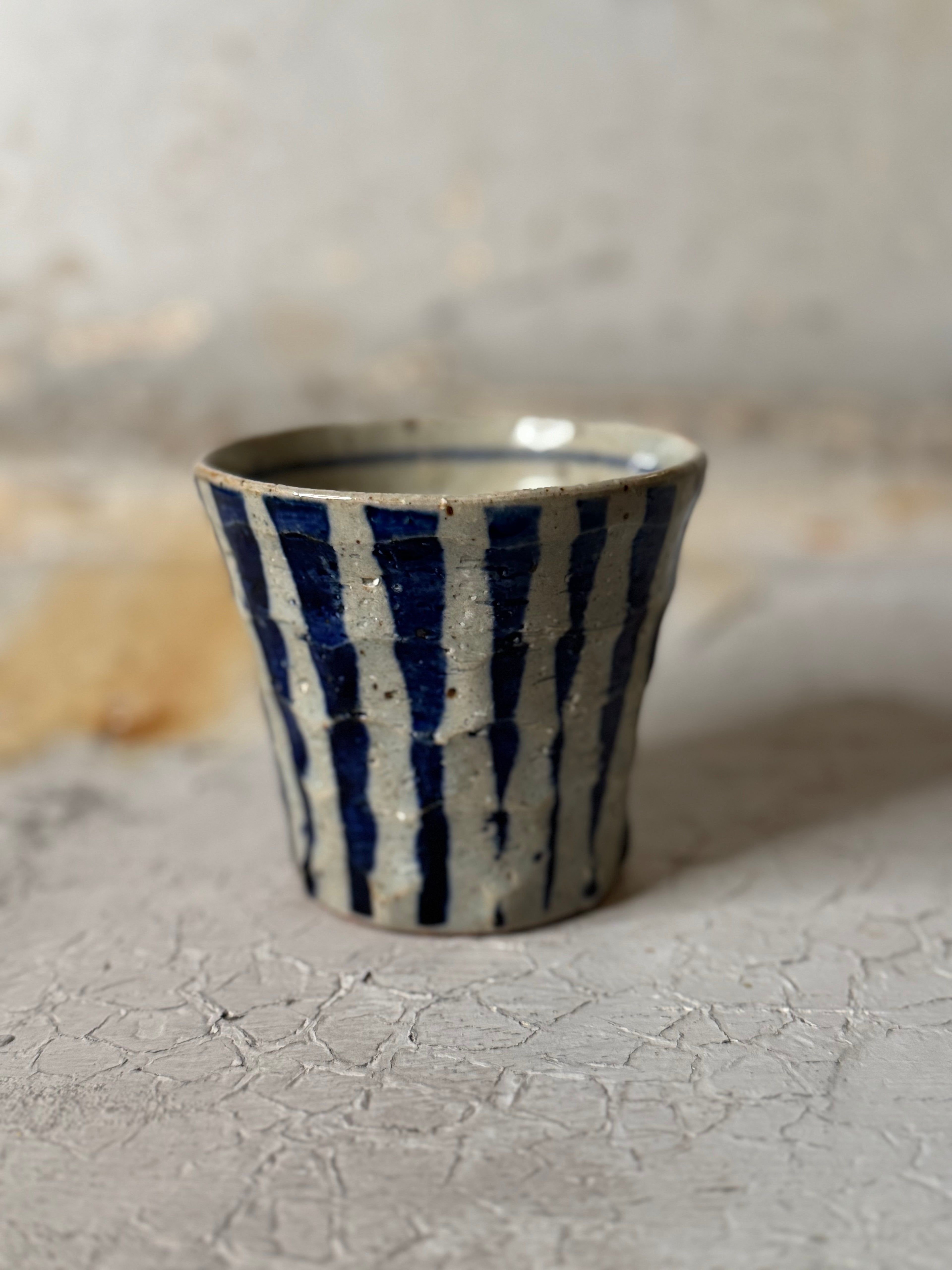 yunomi - vertical indigo stripe - handmade in japan