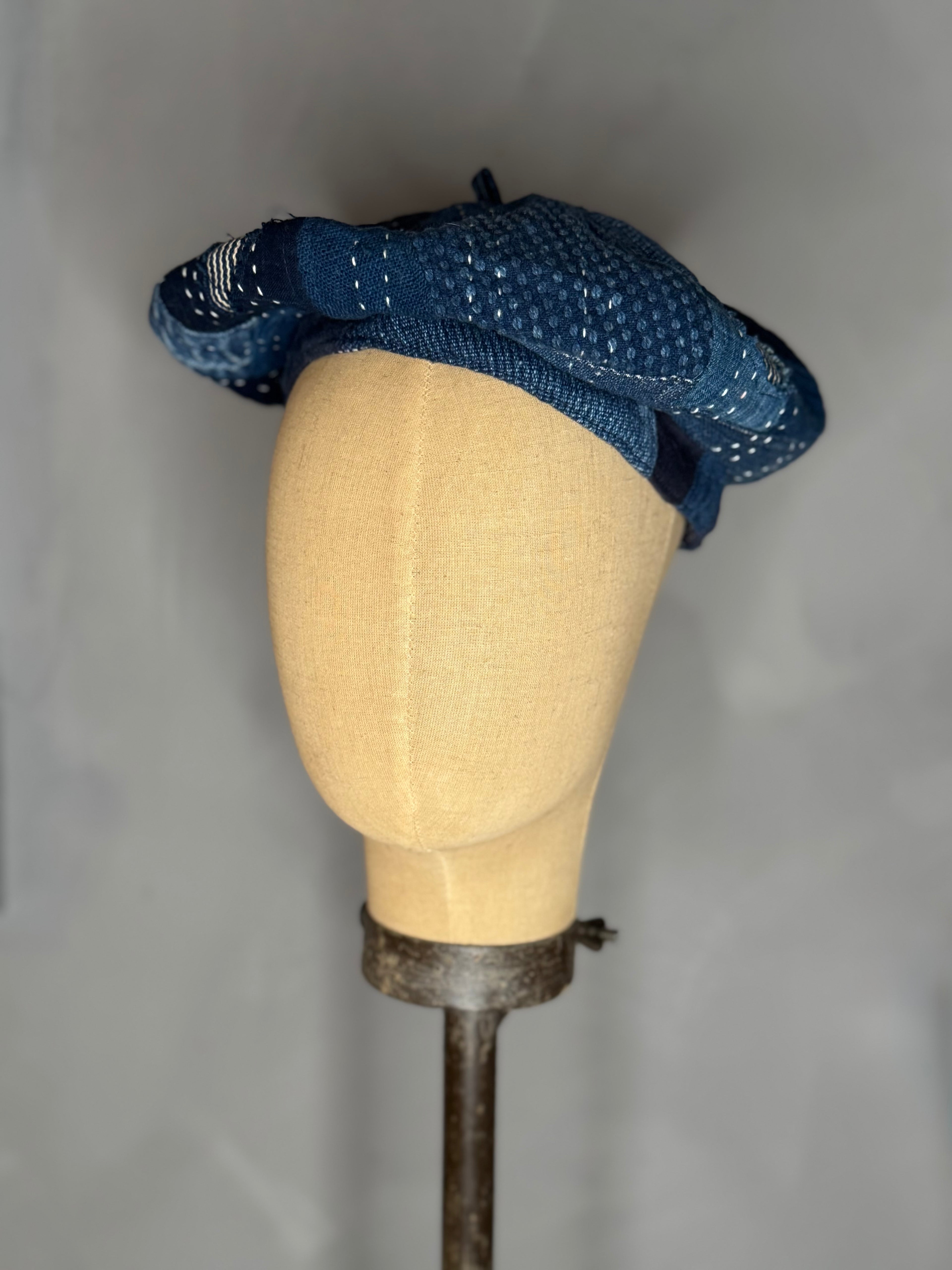 indigo patchwork beret