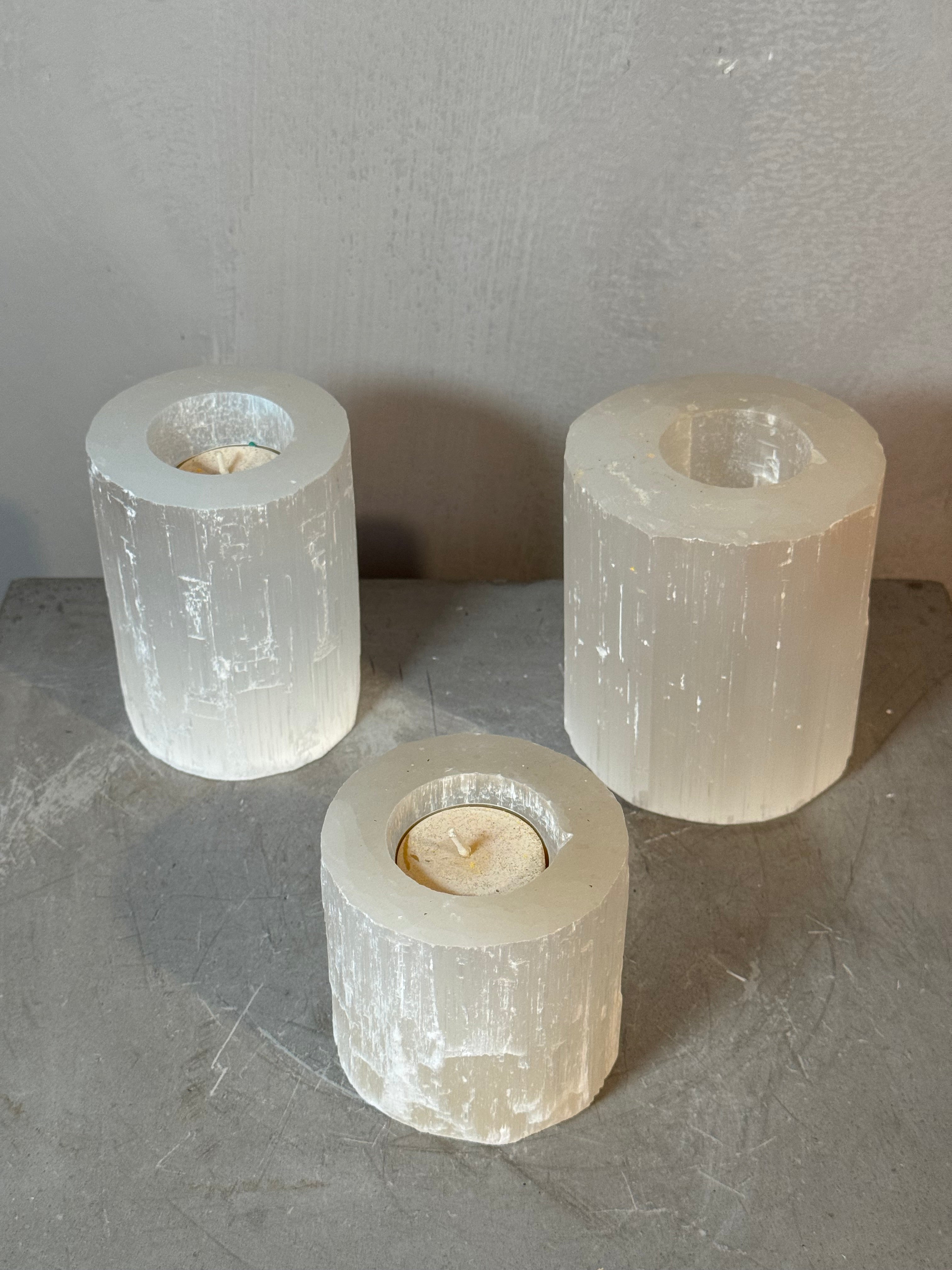 Selenite votive candle holder