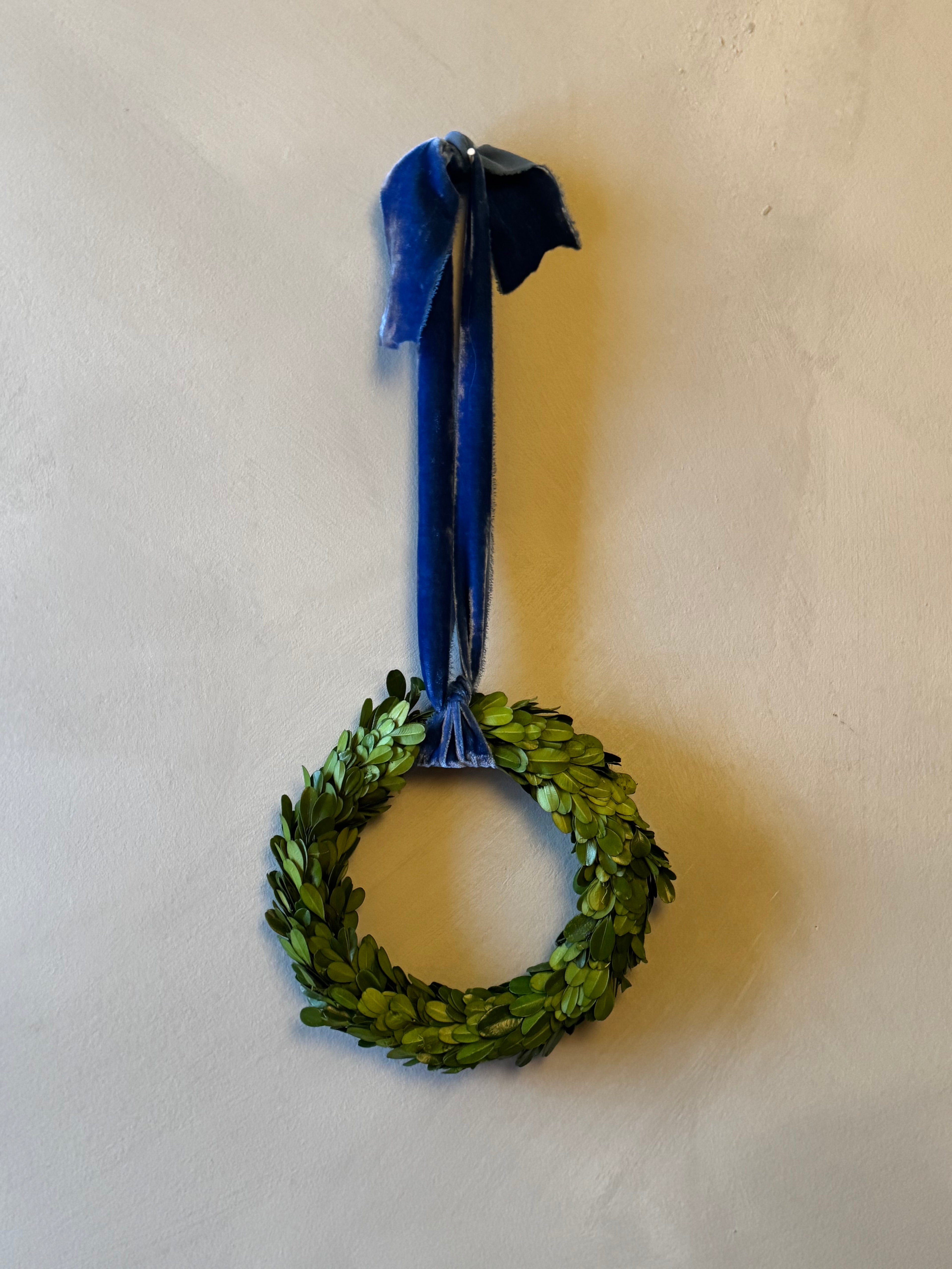 preserved boxwood wreaths with raw indigo velvet ribbon - 3 sizes