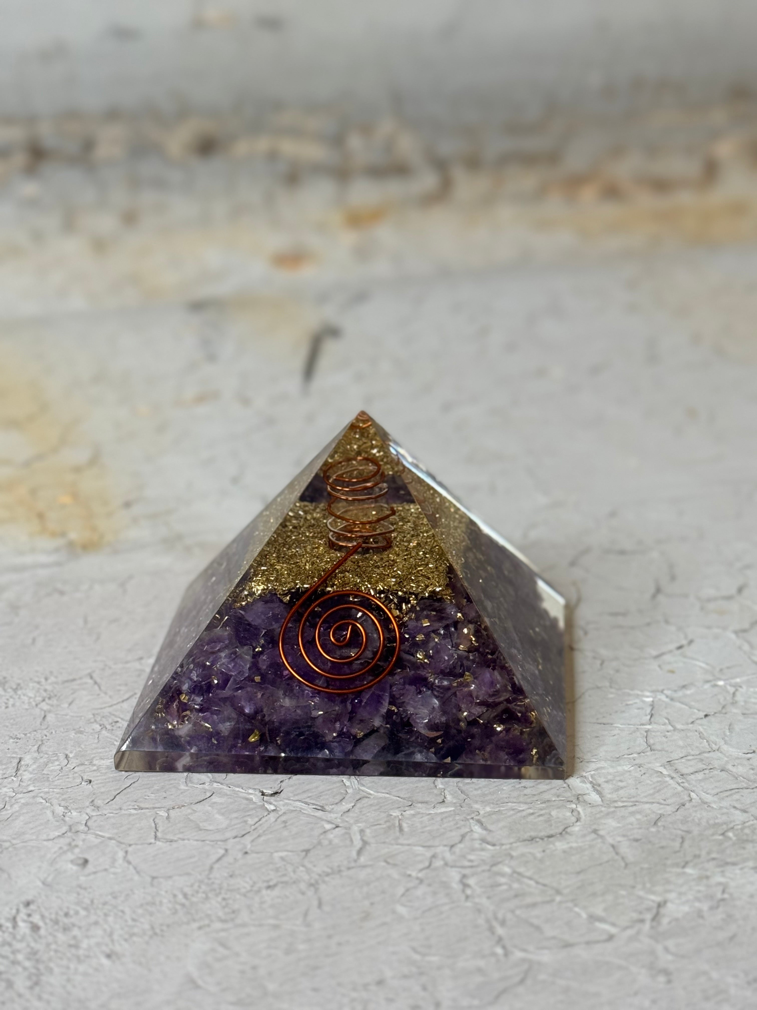 Orgone  Pyramid - amethyst with copper spiral