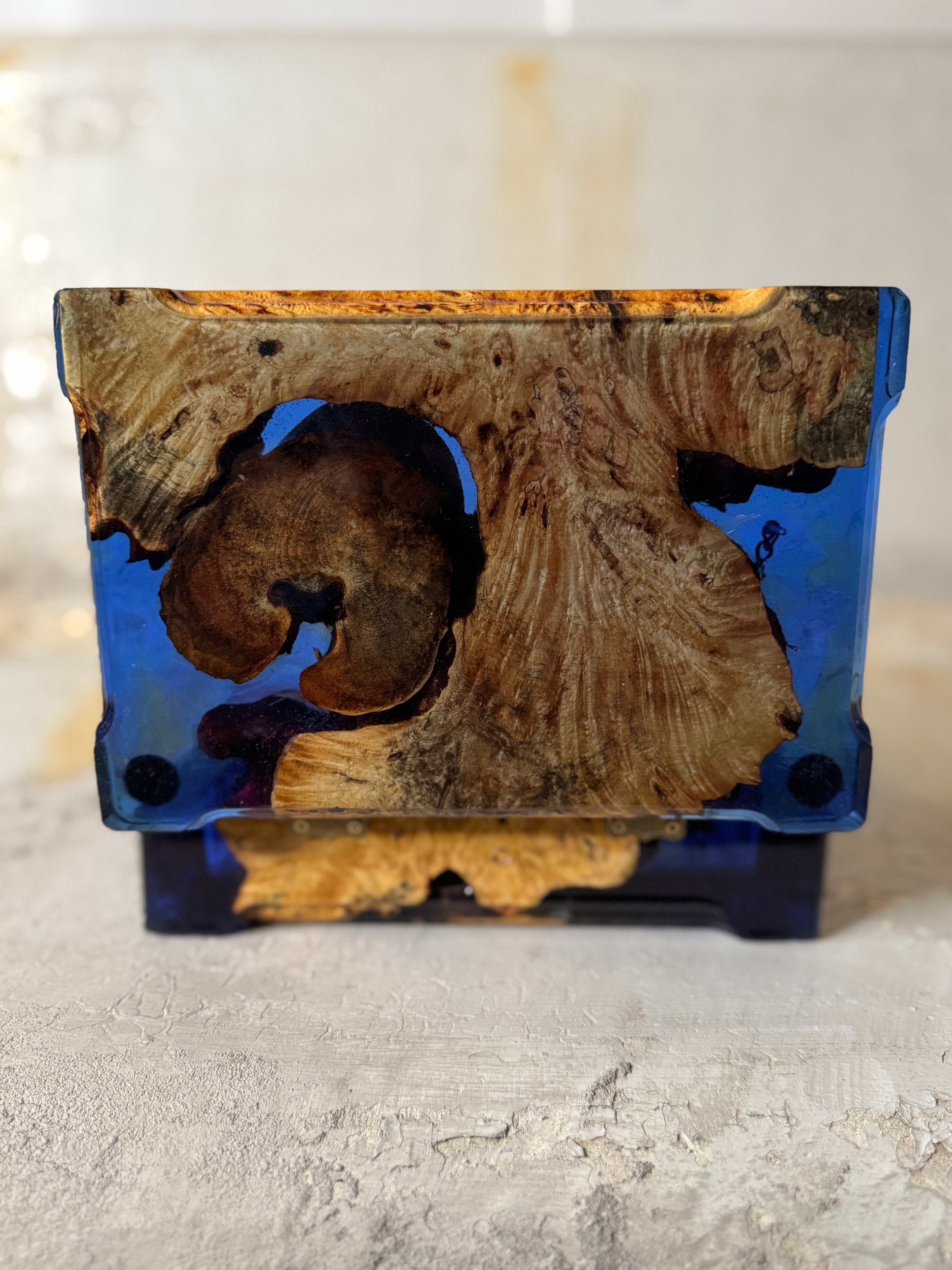 handmade wood burl and blue resin keepsake box