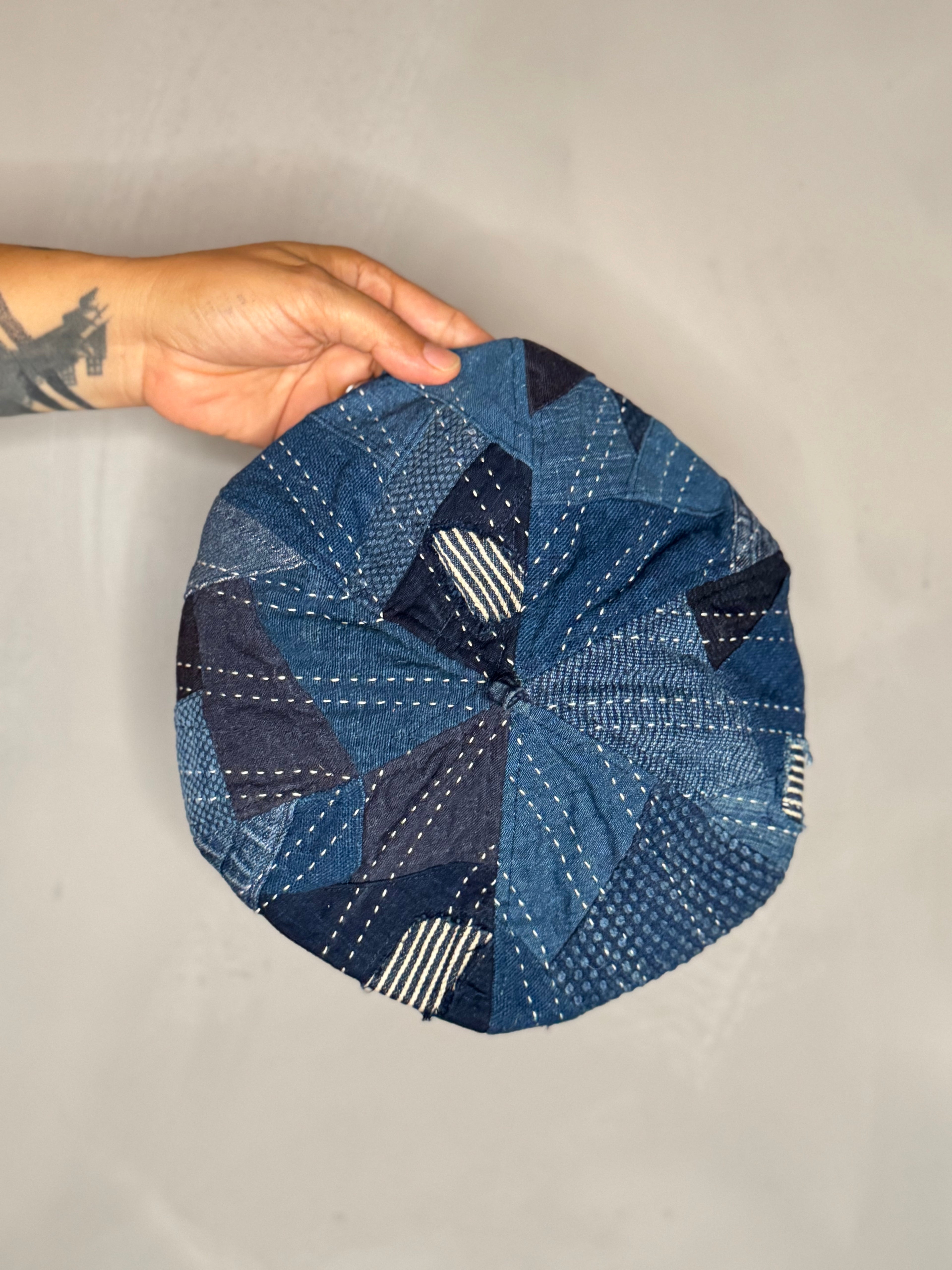 indigo patchwork beret