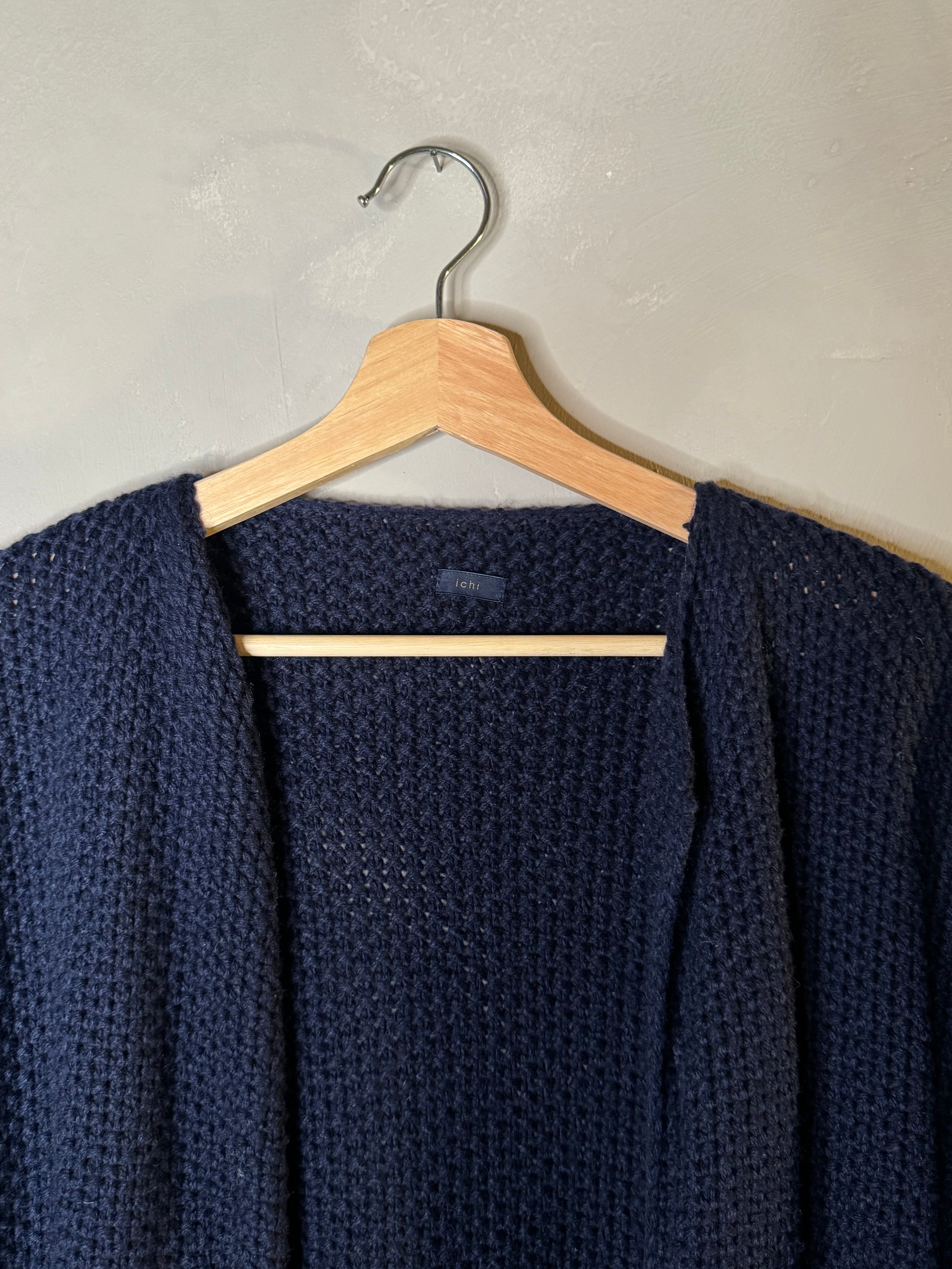 ichi 3/4 length knit wool cardigan with safety pin