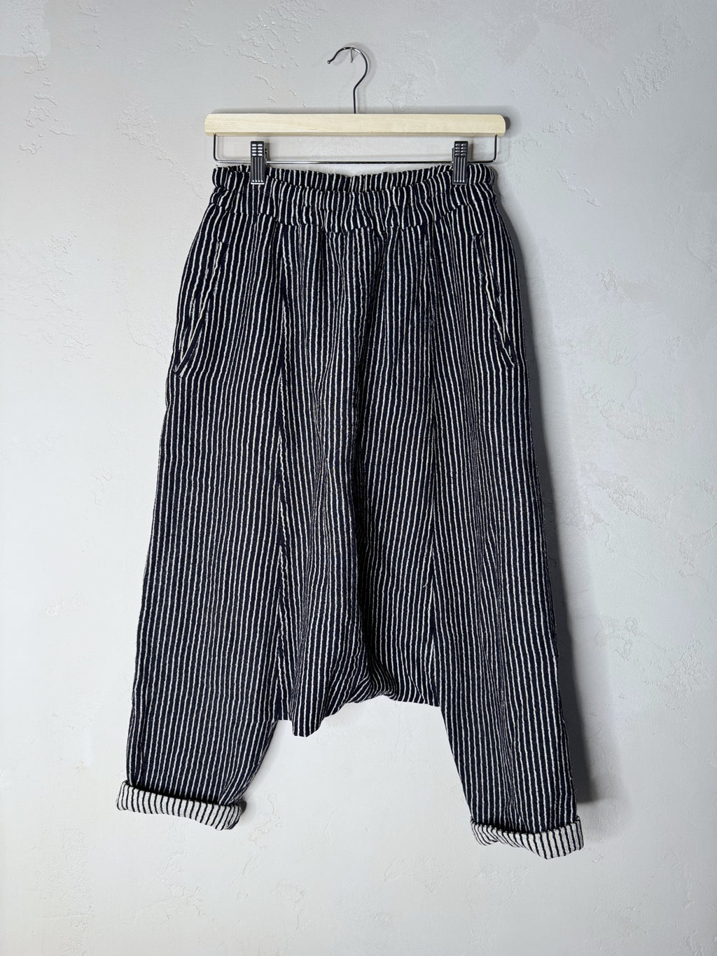 comme des garçons wool striped drop crotch pants