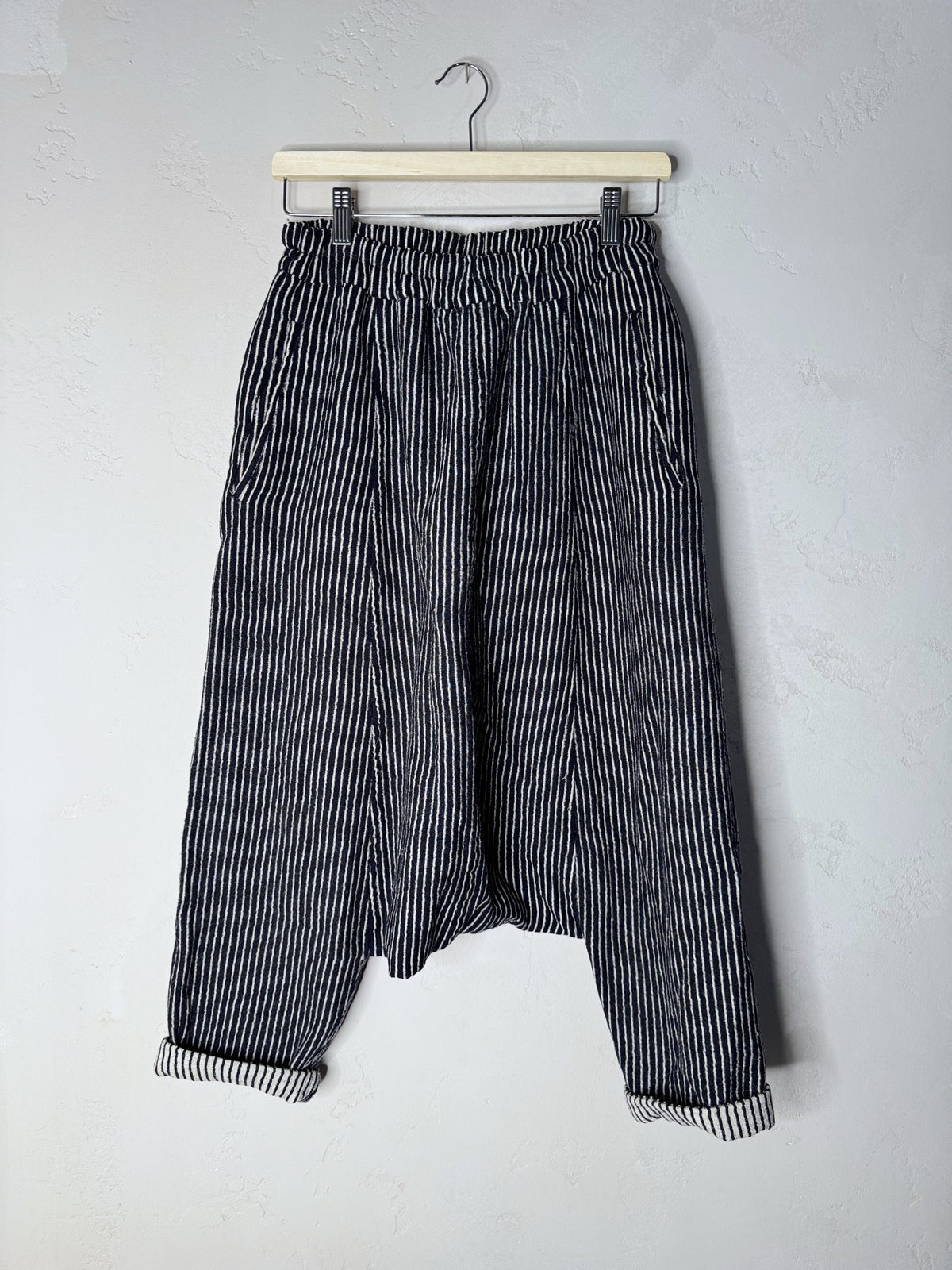 comme des garçons wool striped drop crotch pants