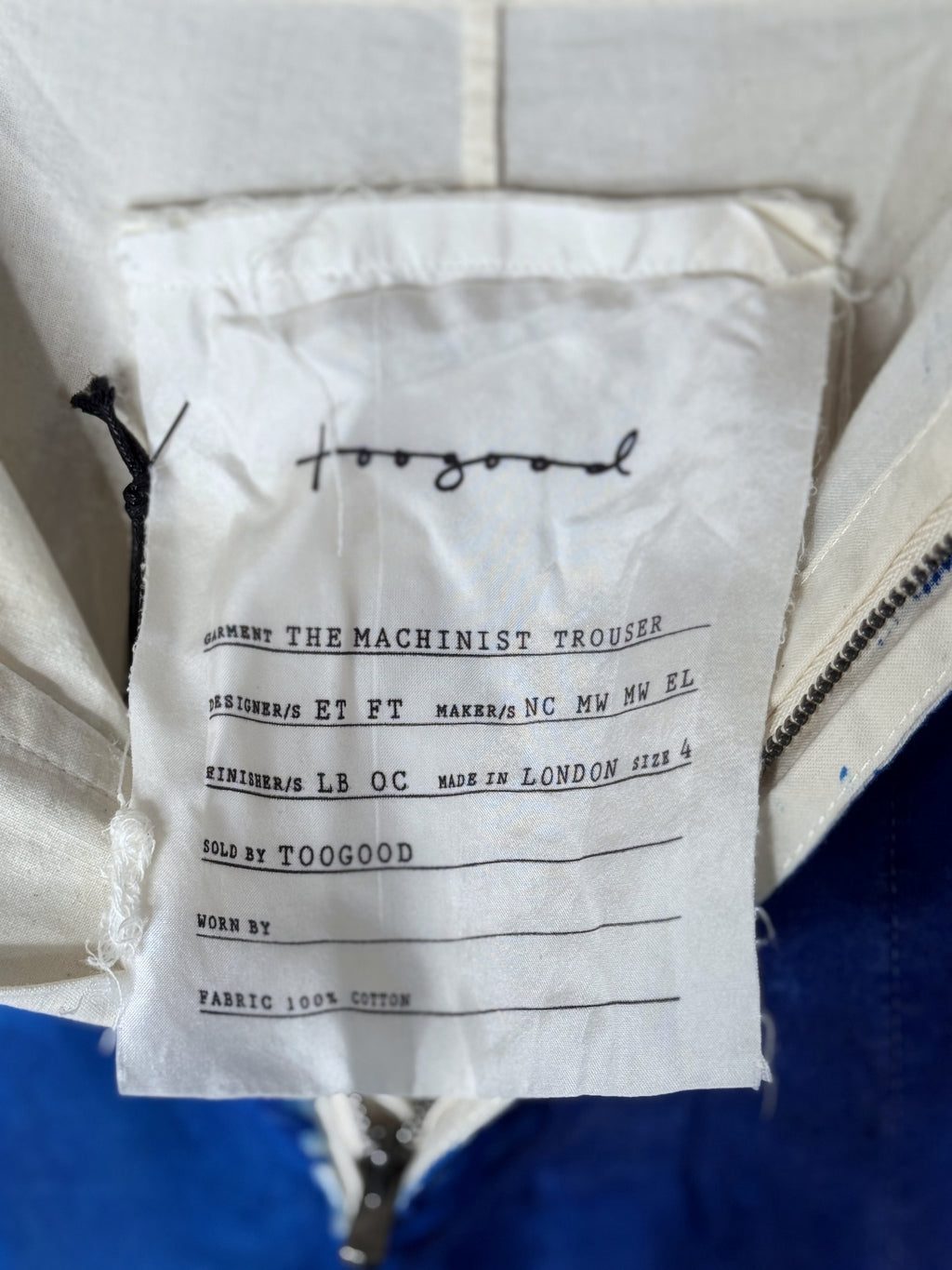 toogood the machinist trouser - pigment painting cobalt