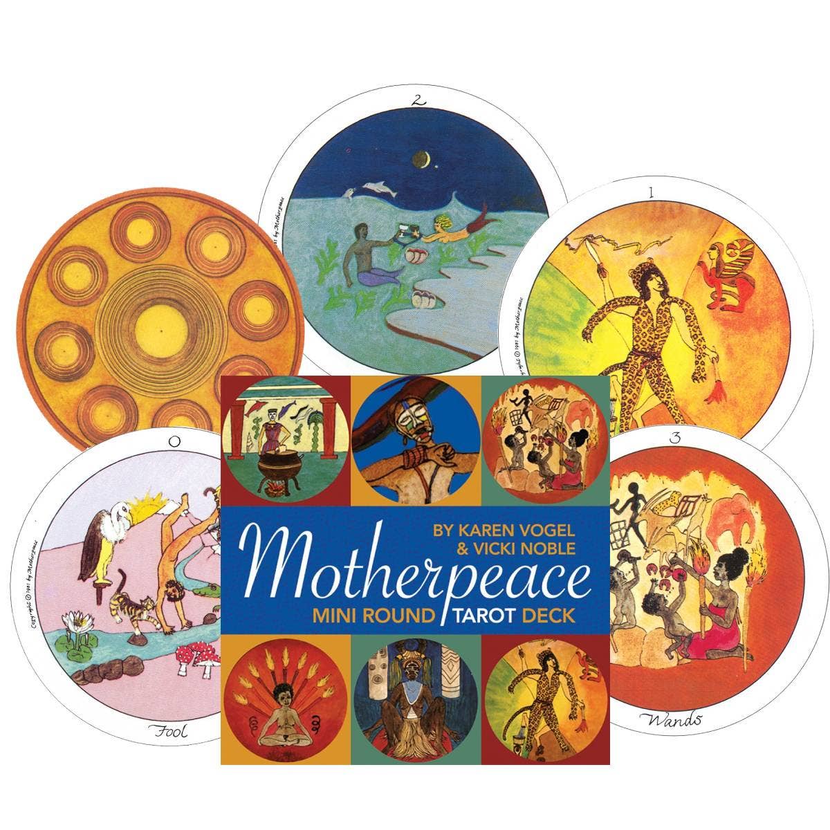 Mini round tarot deck with colorful illustrations and 'Motherpeace' text on a white background