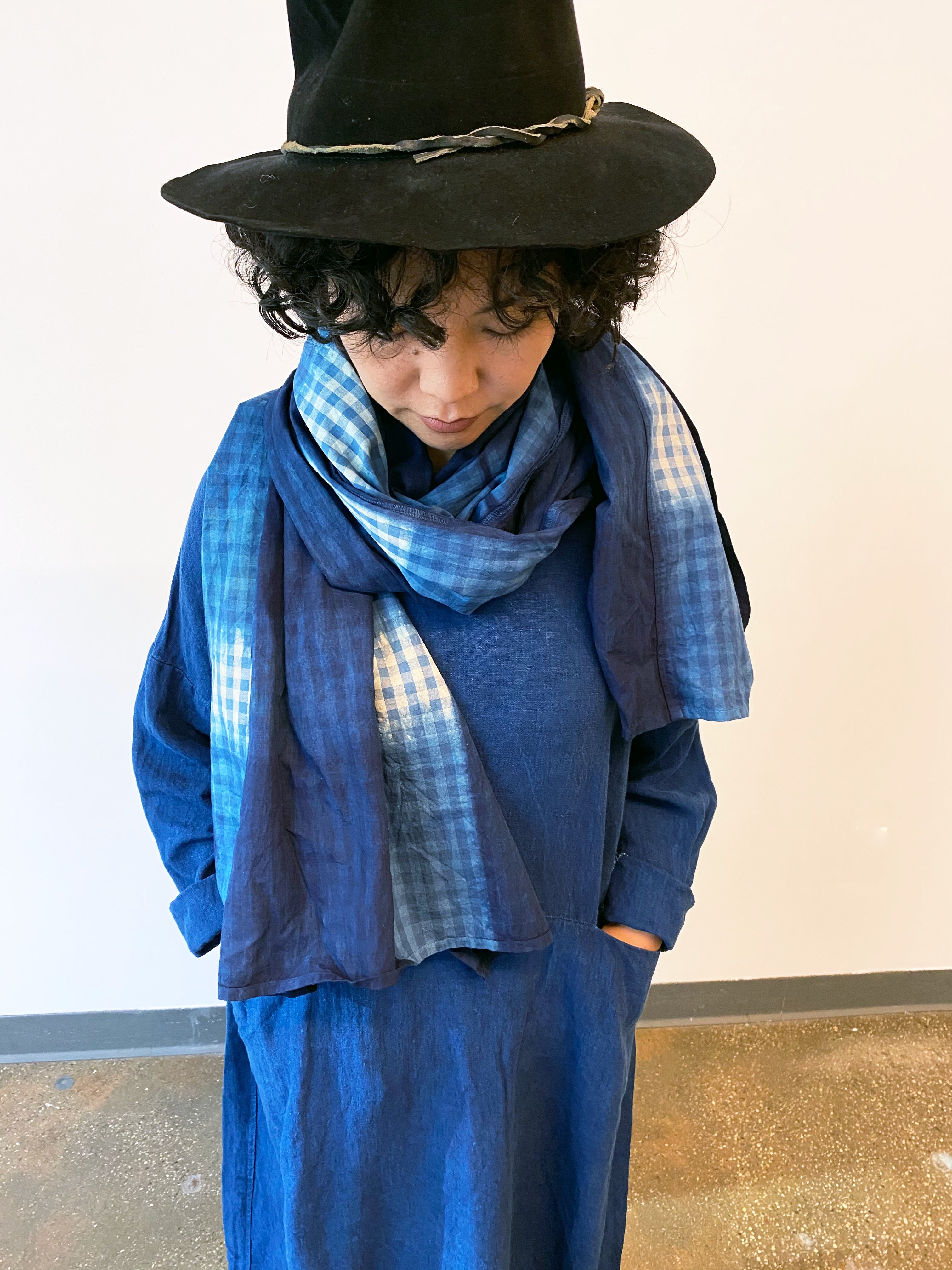 ichi antiquities indigo gingham scarf