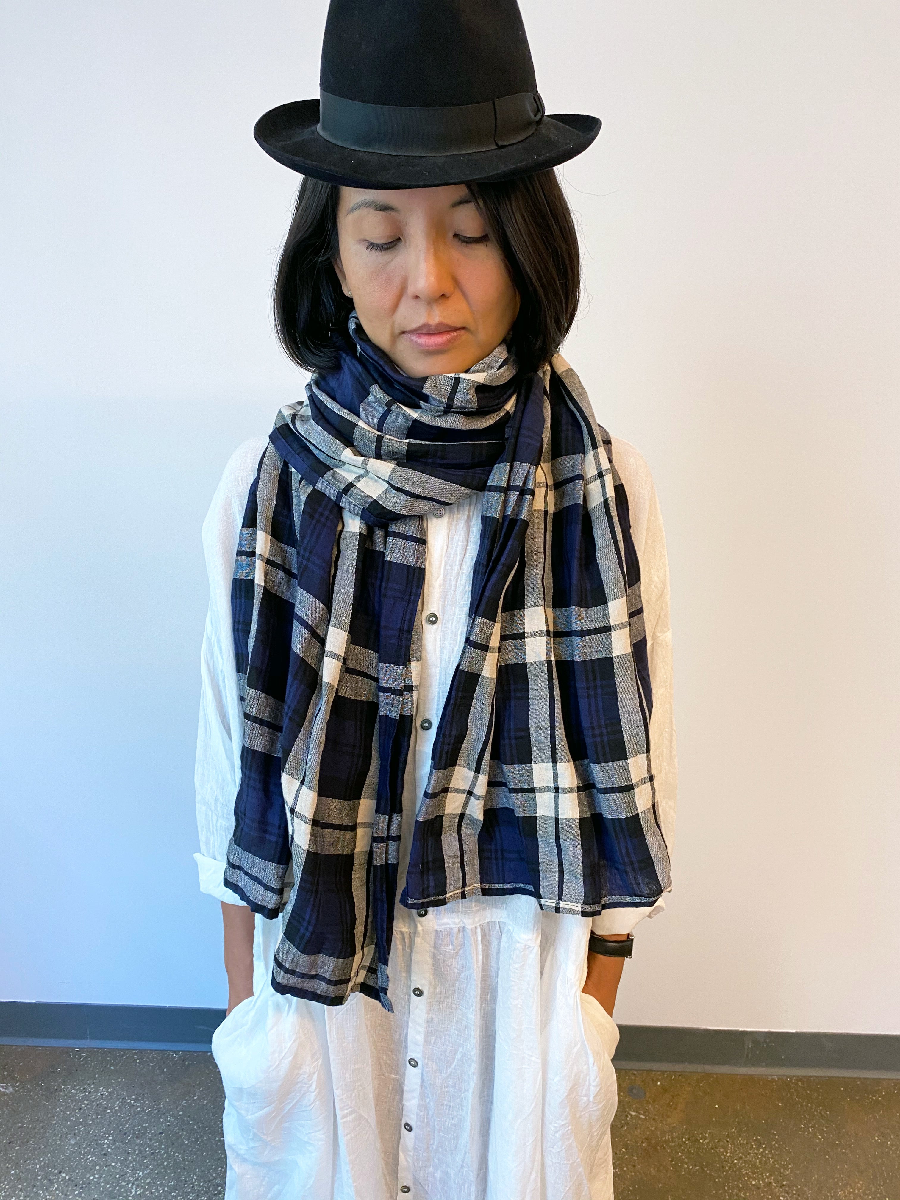 ichi antiquities linen plaid scarf