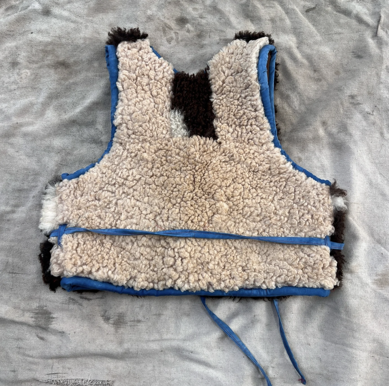 Yama handmade sheepskin vest with indigo detailing