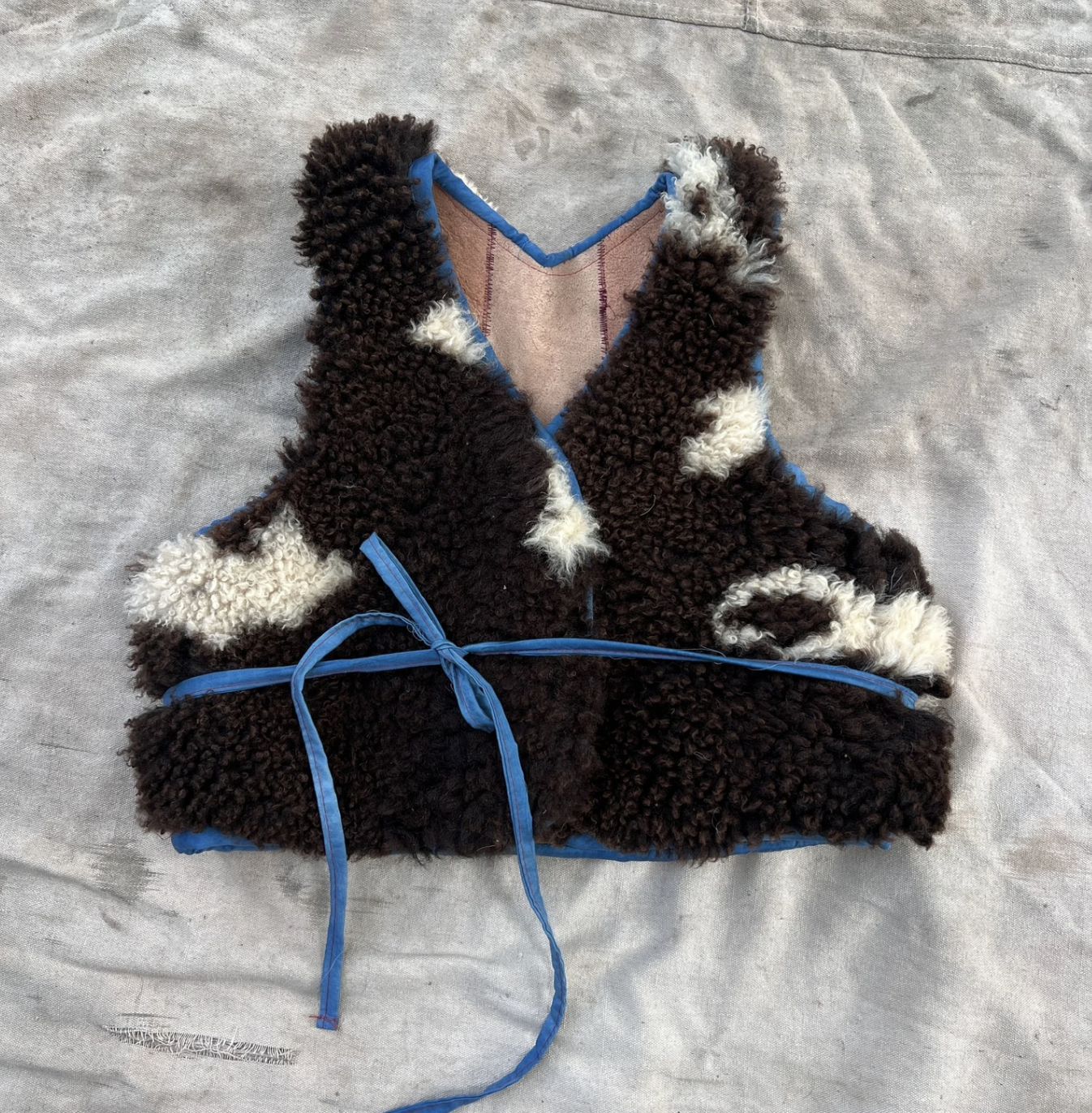 Yama handmade sheepskin vest with indigo detailing